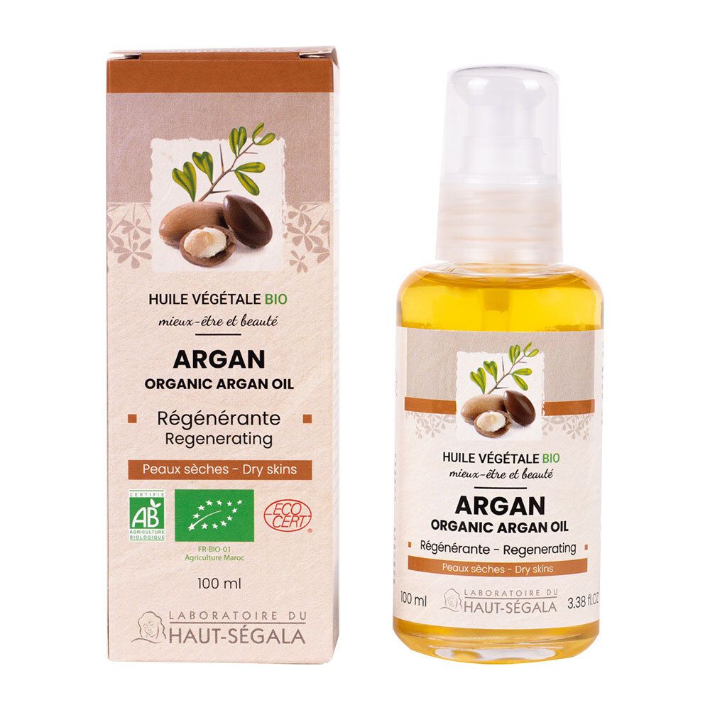 Flacon et boîte d'huile d'argan. Inscription : Argan, Organic Argan Oil, Régénérante, Peaux sèches. Certification Bio.