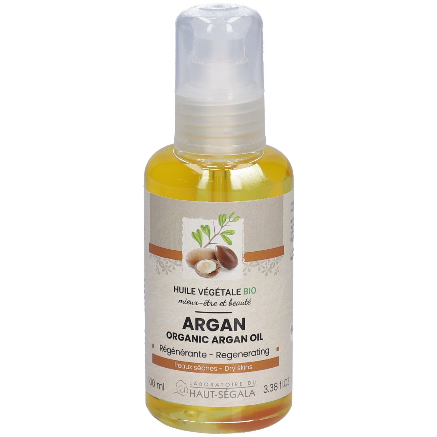 Flacon d'huile d'argan. Inscription : Argan, Organic Argan Oil, Régénérante, Peaux sèches. Certification Bio. 100 ml.