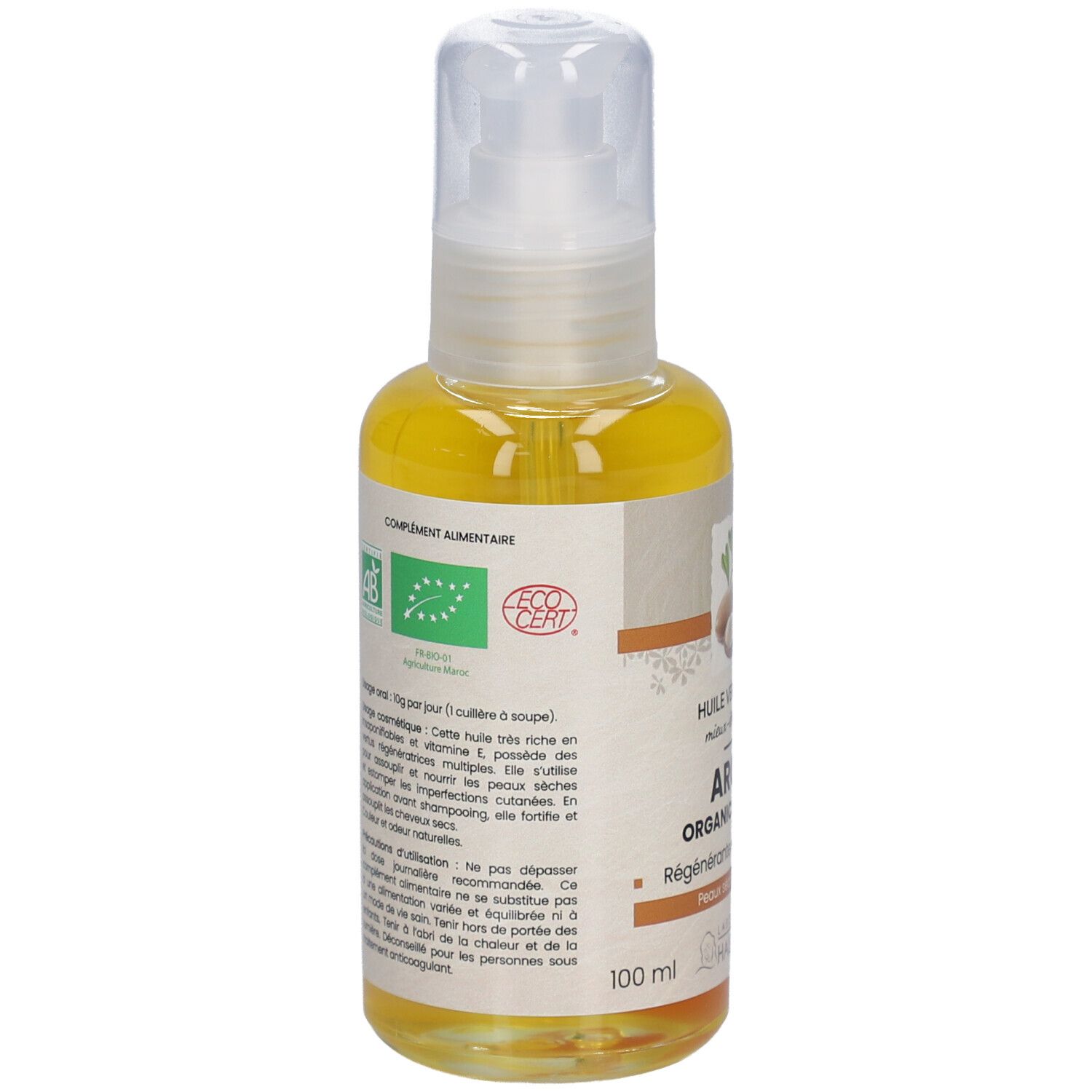 Flacon d'huile d'argan. Dos avec texte. Certification Bio. 100 ml. Date de péremption. Ingrédients.
