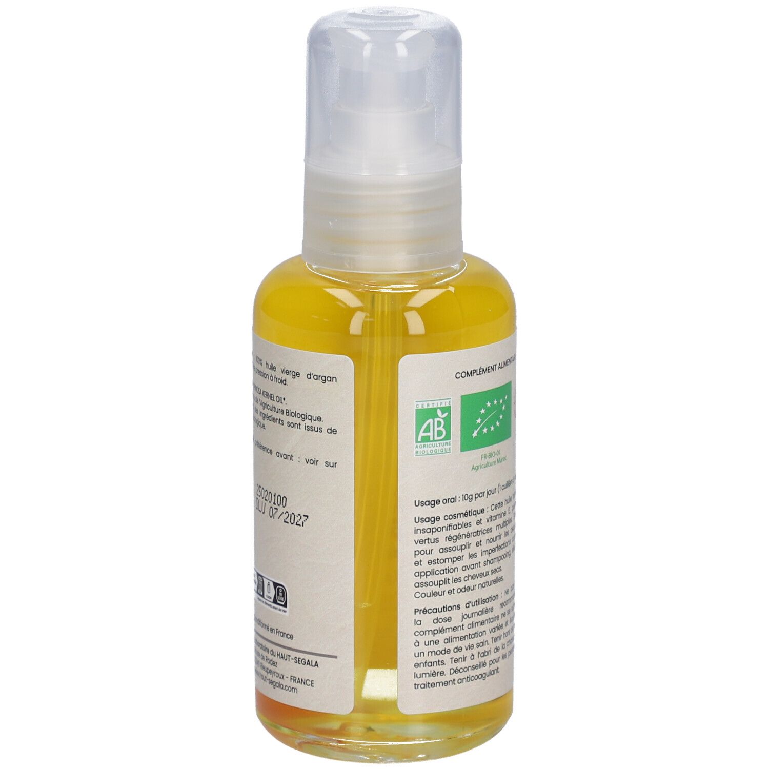 Flacon d'huile d'argan. Dos avec texte. Certification Bio. 100 ml. Date de péremption. Ingrédients.
