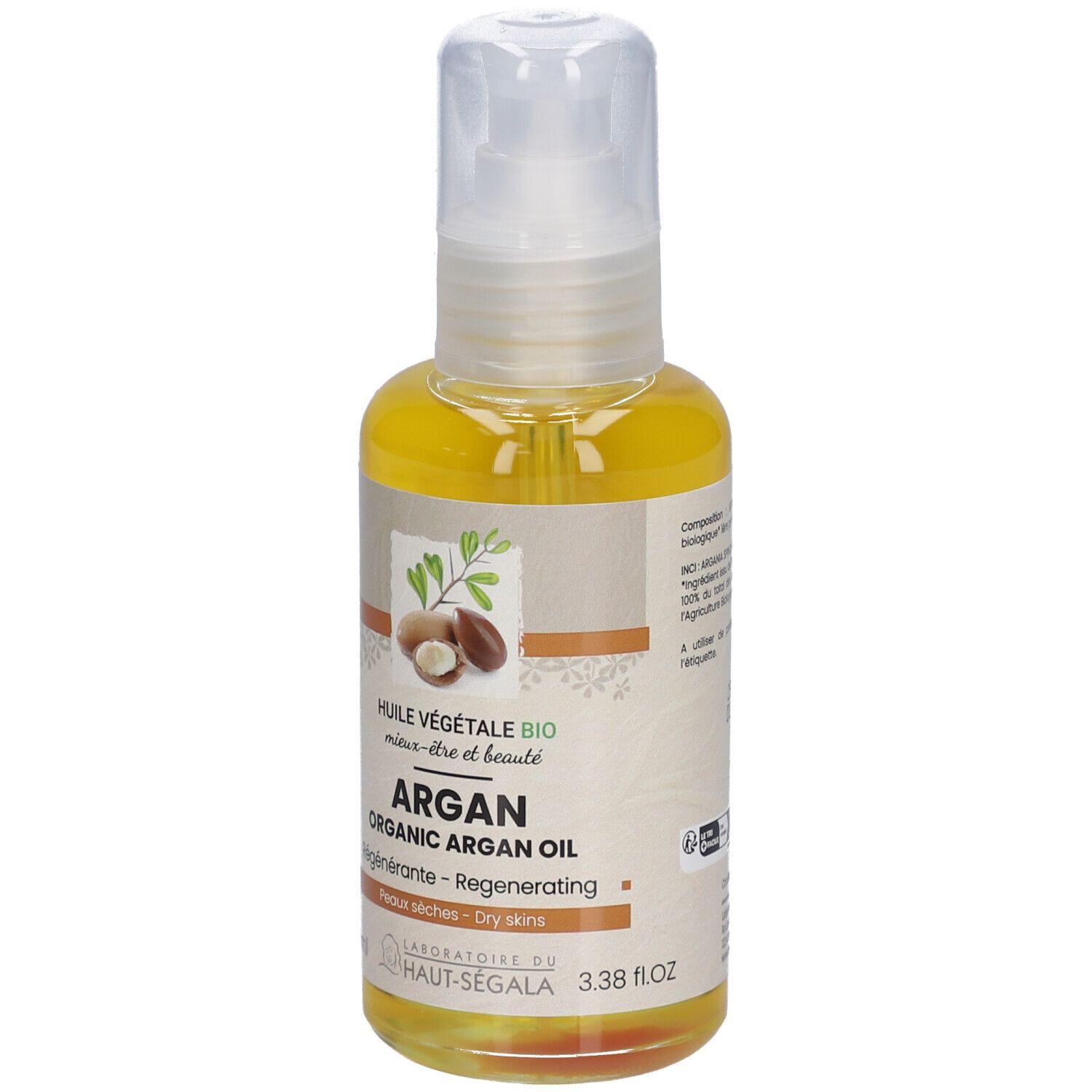 Flacon d'huile d'argan. Dos avec texte. Certification Bio. 100 ml. Date de péremption. Ingrédients.
