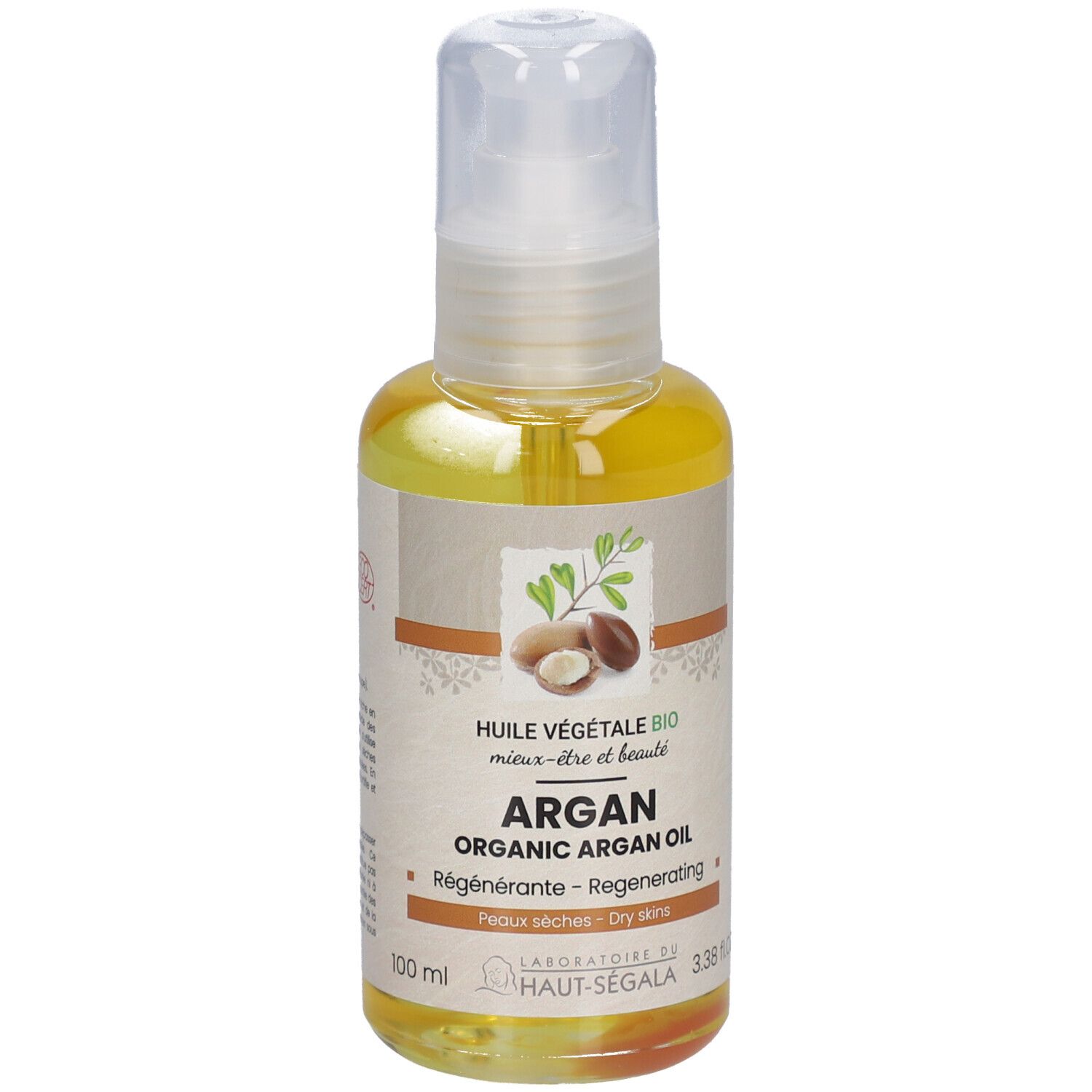 Flacon d'huile d'argan. Inscription : Argan, Organic Argan Oil, Régénérante, Peaux sèches. Certification Bio. 3.38 fl oz.