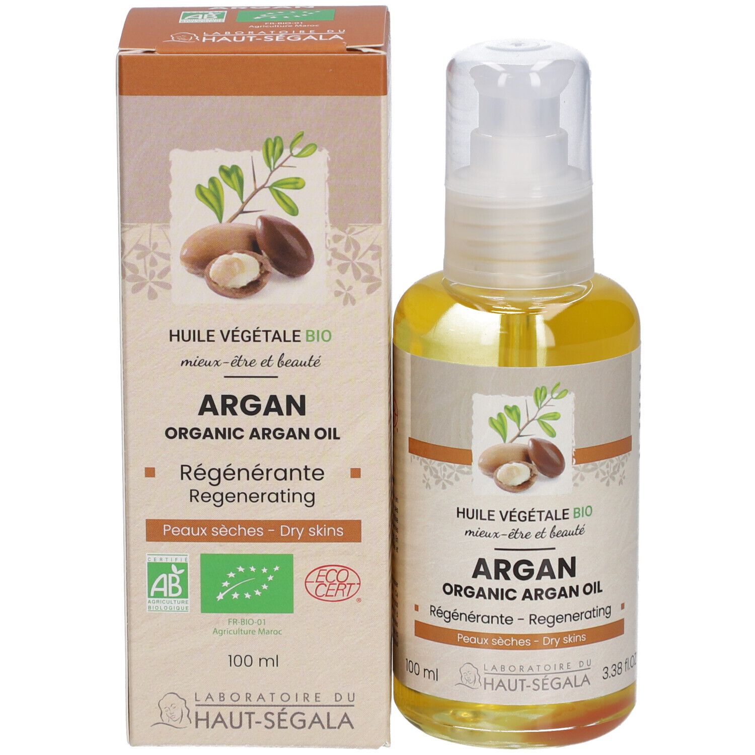 Flacon d'huile d'argan. Inscription : Argan, Organic Argan Oil, Régénérante, Peaux sèches. Certification Bio. 100 ml.