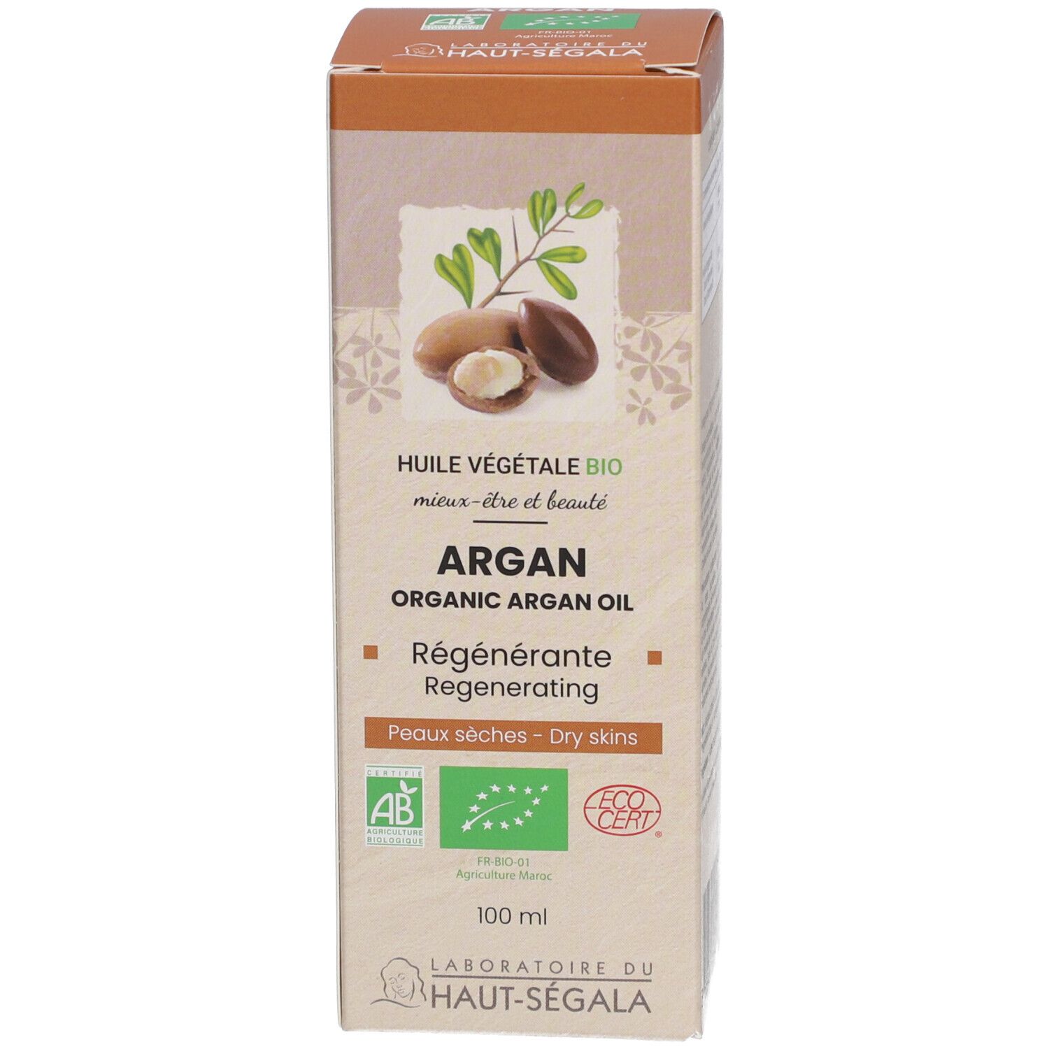 Flacon et boîte d'huile d'argan. Inscription : Argan, Organic Argan Oil, Régénérante, Peaux sèches. Certification Bio. 100 ml.