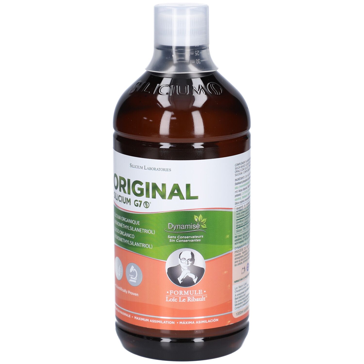 Bouteille marron avec bouchon blanc. Inscription: ORIGINAL SILICIUM G7. Étiquette avec informations et logo du produit.