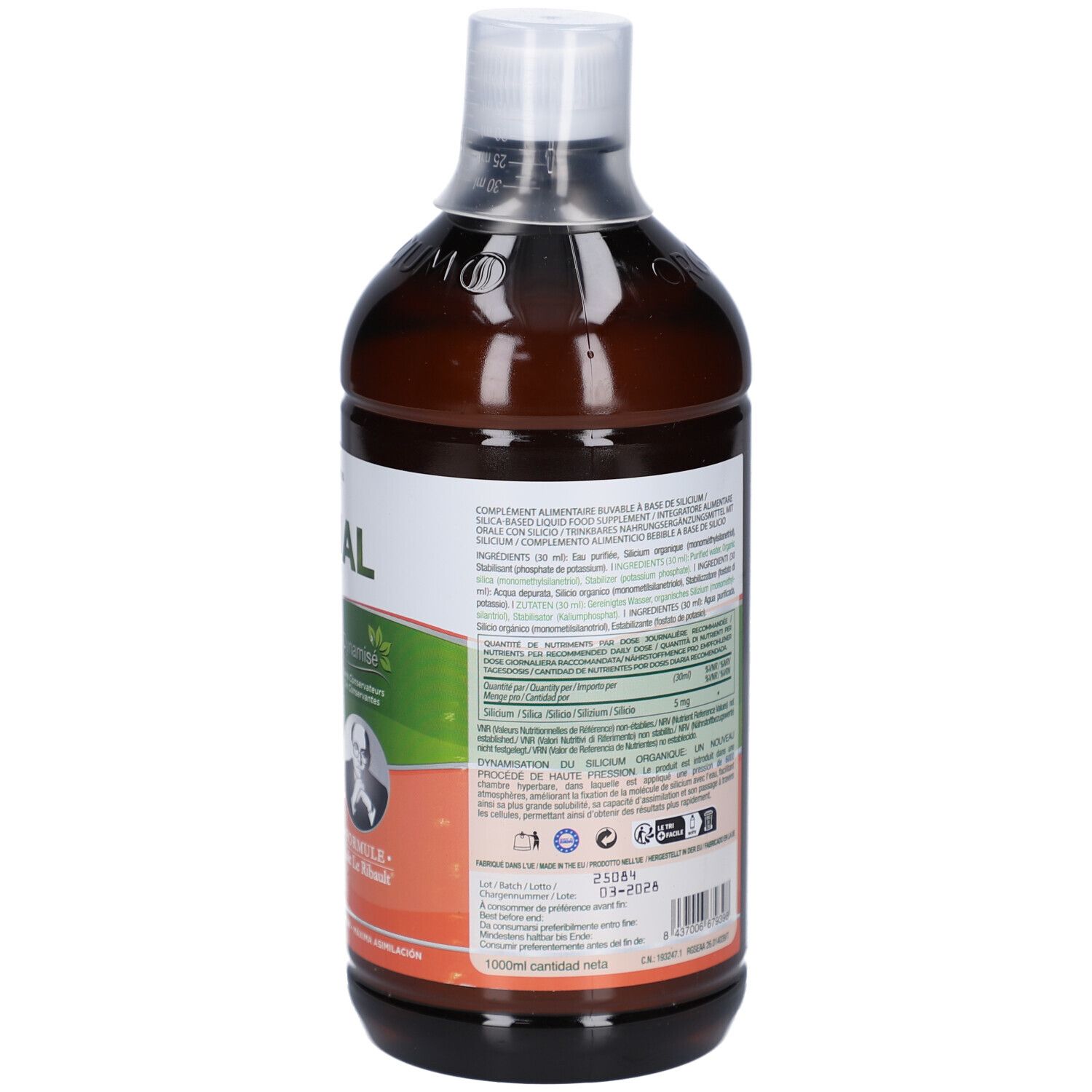 Dos de la bouteille marron avec bouchon blanc. Étiquette avec ingrédients, texte et code QR.