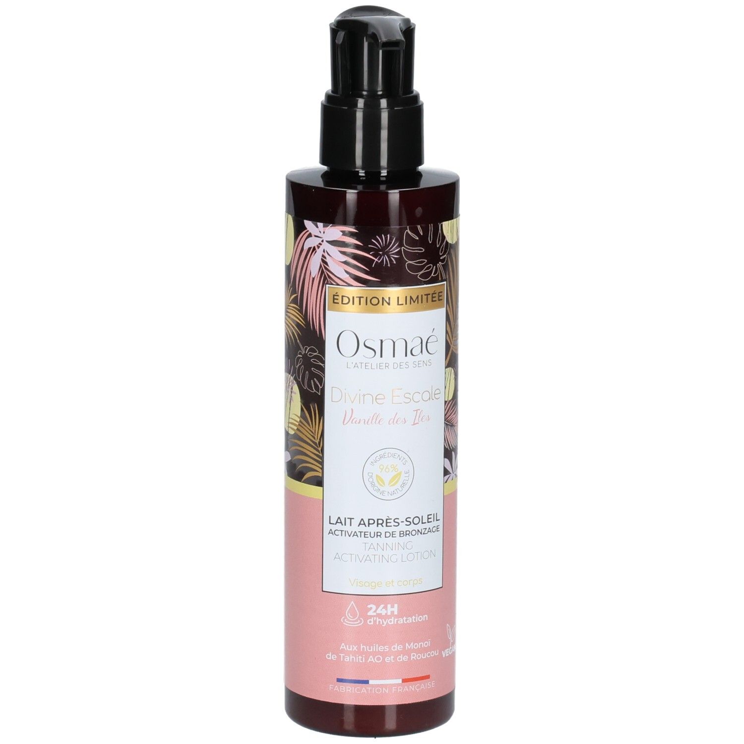 Lait activateur de bronzage Osmae avec pompe et design tropical.
