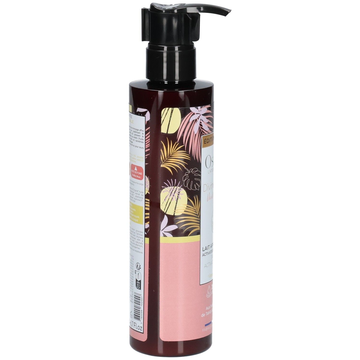 Dos de la lotion activatrice de bronzage Osmae avec étiquette et motif tropical.