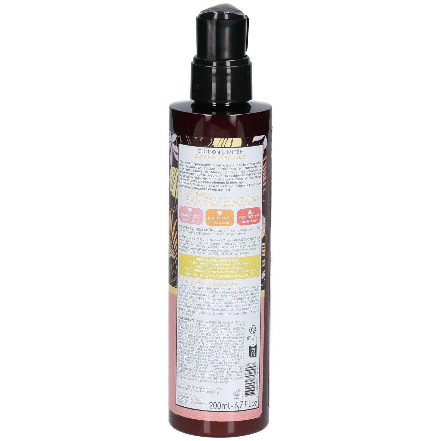 Dos de la lotion activatrice de bronzage Osmae avec informations détaillées.