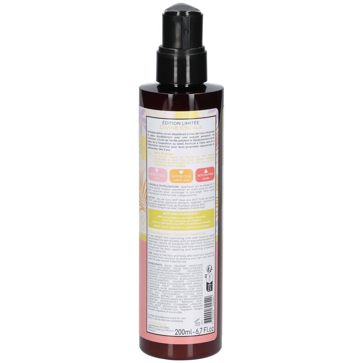 Dos du flacon Osmae Lait Après-Soleil Désaltérant avec informations produit détaillées.