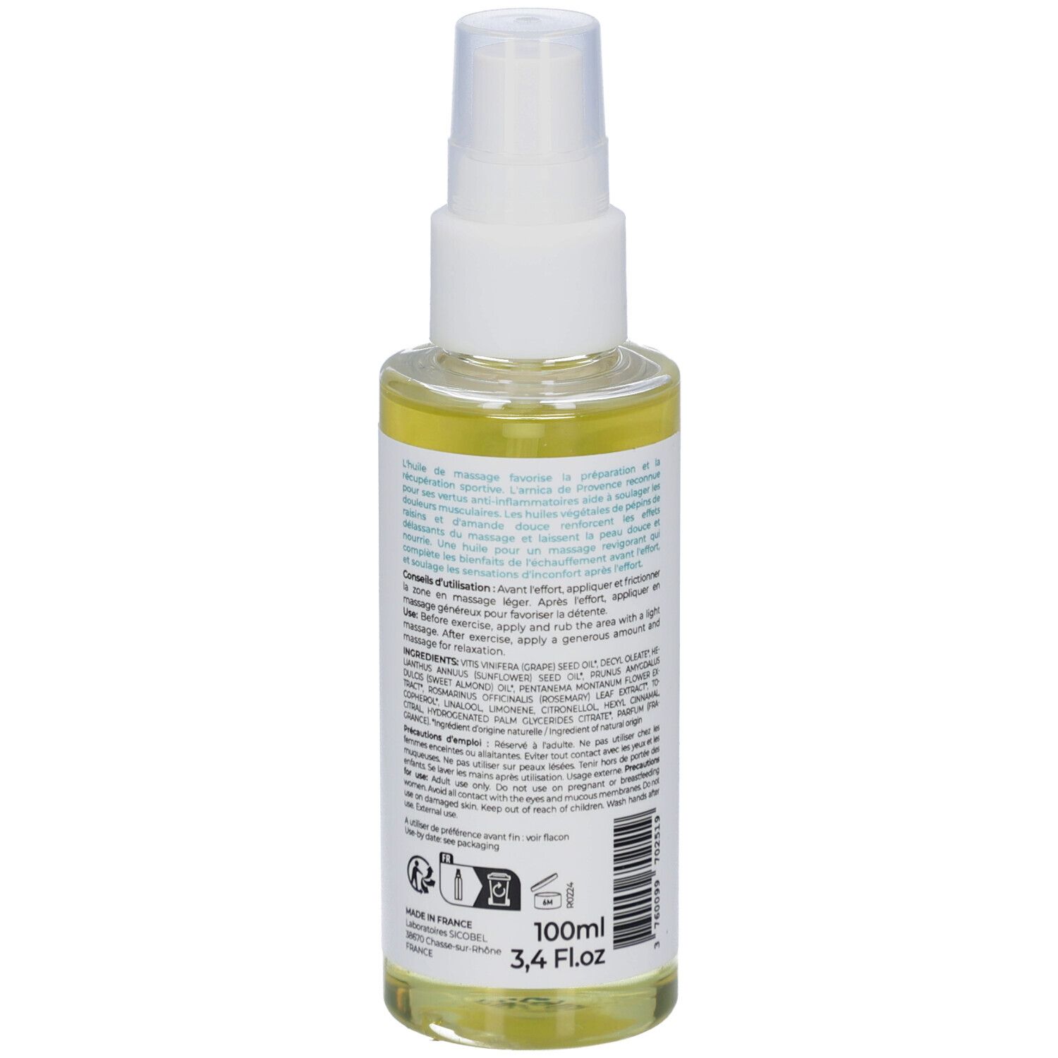 Dos du flacon avec texte. Inscription: Dolpic, Relaxer. Ingrédients, mode d'emploi, fabricant.