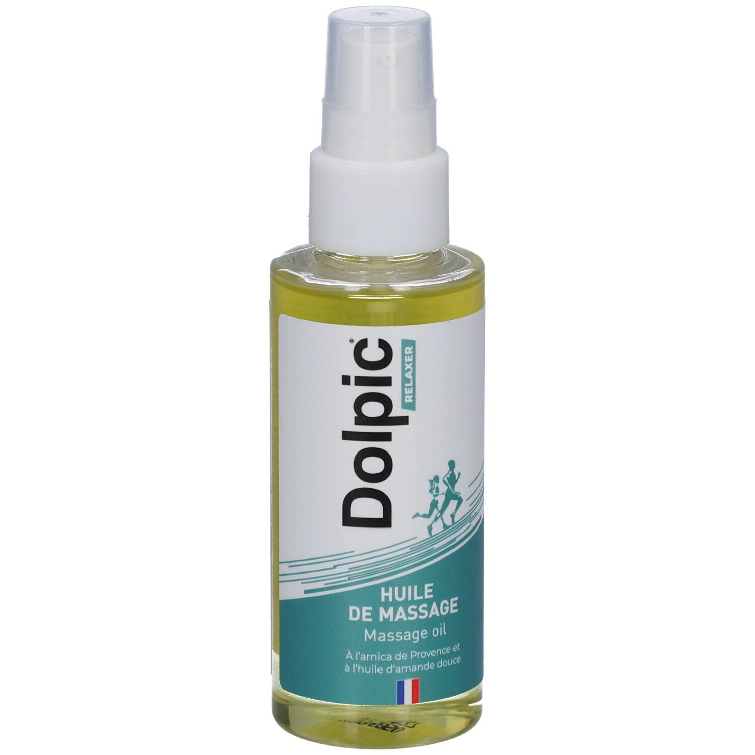 Flacon de massage avec huile. Inscription: Dolpic, Relaxer, Huile de Massage. Drapeau français. Logo avec deux personnes.