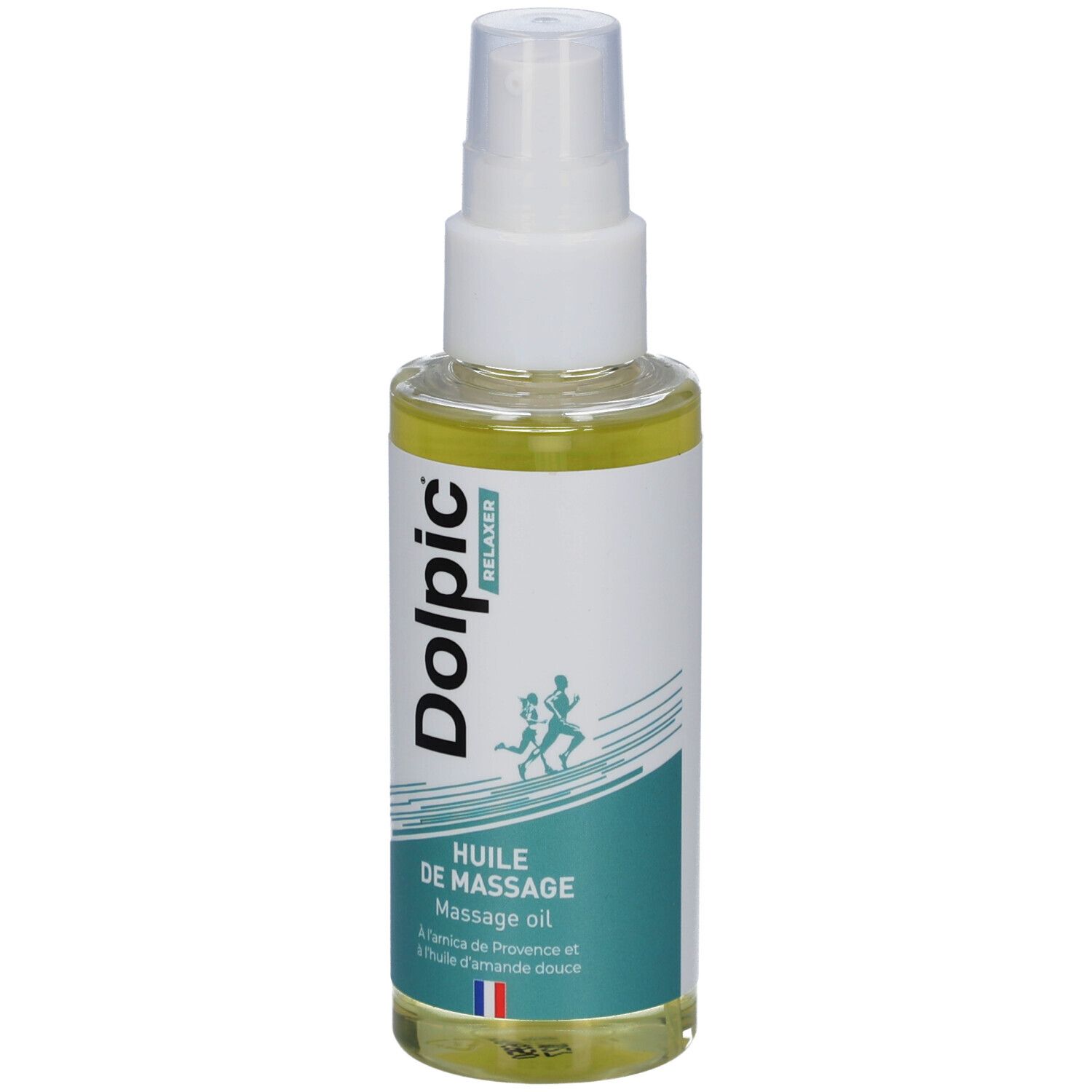 Flacon de massage avec huile. Inscription: Dolpic, Relaxer, Huile de Massage. Drapeau français. Logo avec deux personnes.