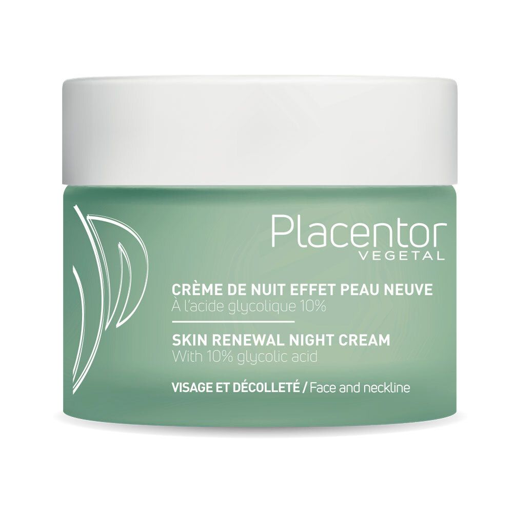 Pot vert avec couvercle blanc. Inscription: PLACENTOR VEGETAL, CRÈME DE NUIT EFFET PEAU NEUVE, SKIN RENEWAL NIGHT CREAM, VISAGE ET DÉCOLLETÉ.