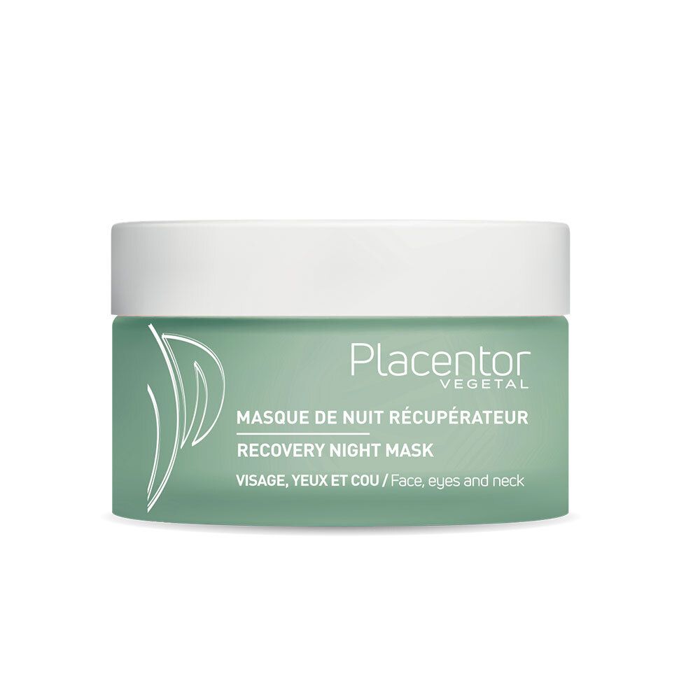 Pot de crème vert avec couvercle blanc. Inscription: Placentor Vegetal, Masque de Nuit Récupérateur, Recovery Night Mask. Pour visage, yeux et cou.