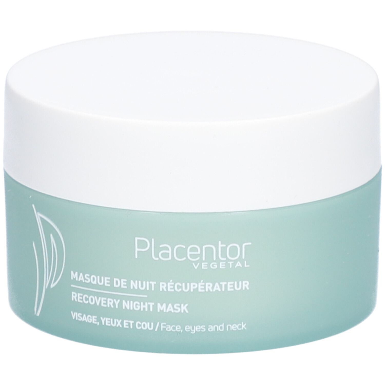 Pot rond, couvercle blanc, contenant vert clair. Inscription: Placenor, Masque de Nuit Récupérateur, Recovery Night Mask, visage, yeux et cou.