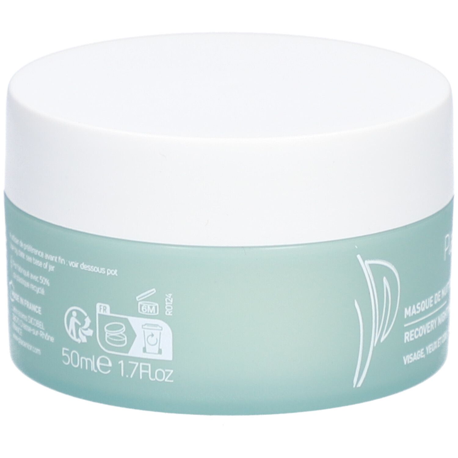 Pot rond, couvercle blanc, contenant vert clair. Inscription: 50ml, 1.7 Fl.oz. Texte et logos au dos.