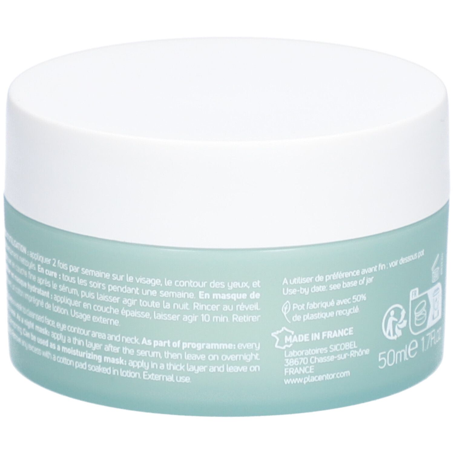 Pot rond, couvercle blanc, contenant vert clair. Texte au dos, instructions et logos.