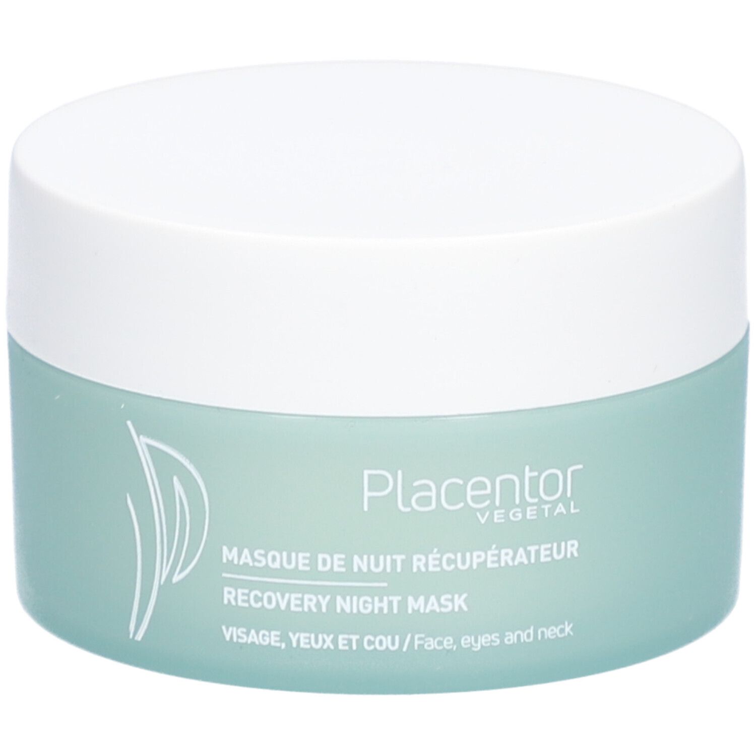 Pot rond, couvercle blanc, contenant vert clair. Inscription: Placenor, Masque de Nuit Récupérateur, Recovery Night Mask.