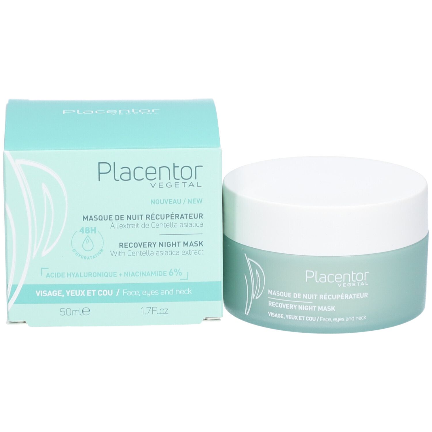 Emballage et pot. Emballage: boîte vert clair avec nom du produit et informations. Pot: rond, blanc-vert.