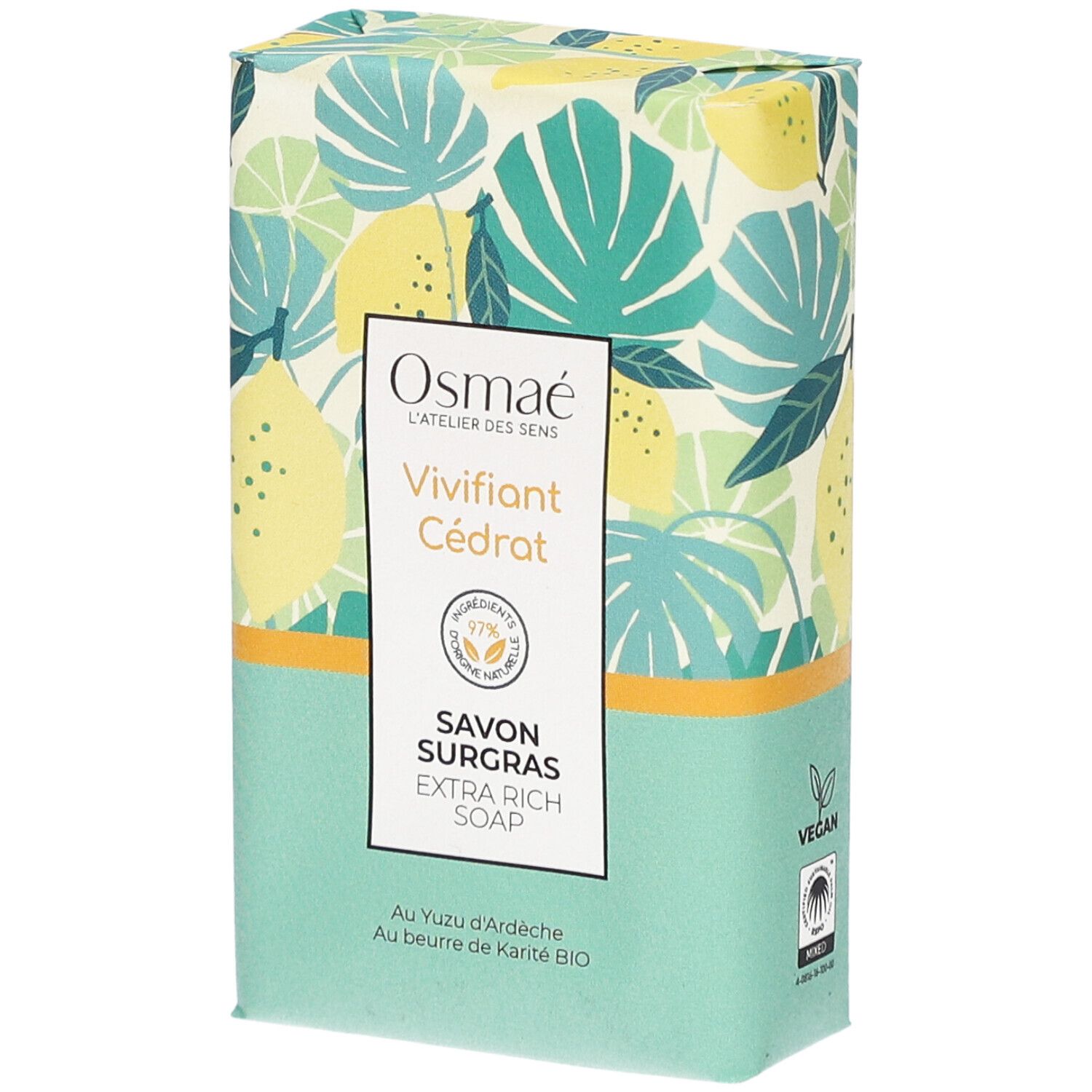 Emballage rectangulaire de savon avec motif floral et nom du produit. Marque : Osmaé. Texte : Savon Surgras, Vivifiant Cédrat.