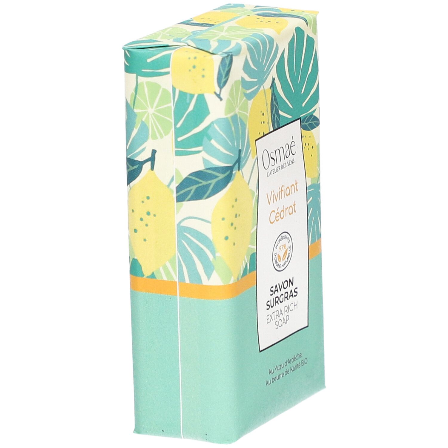 Emballage de savon en biais. Motif floral, marque Osmaé, nom du produit Vivifiant Cédrat. Texte : Savon Surgras, Extra Rich Soap.
