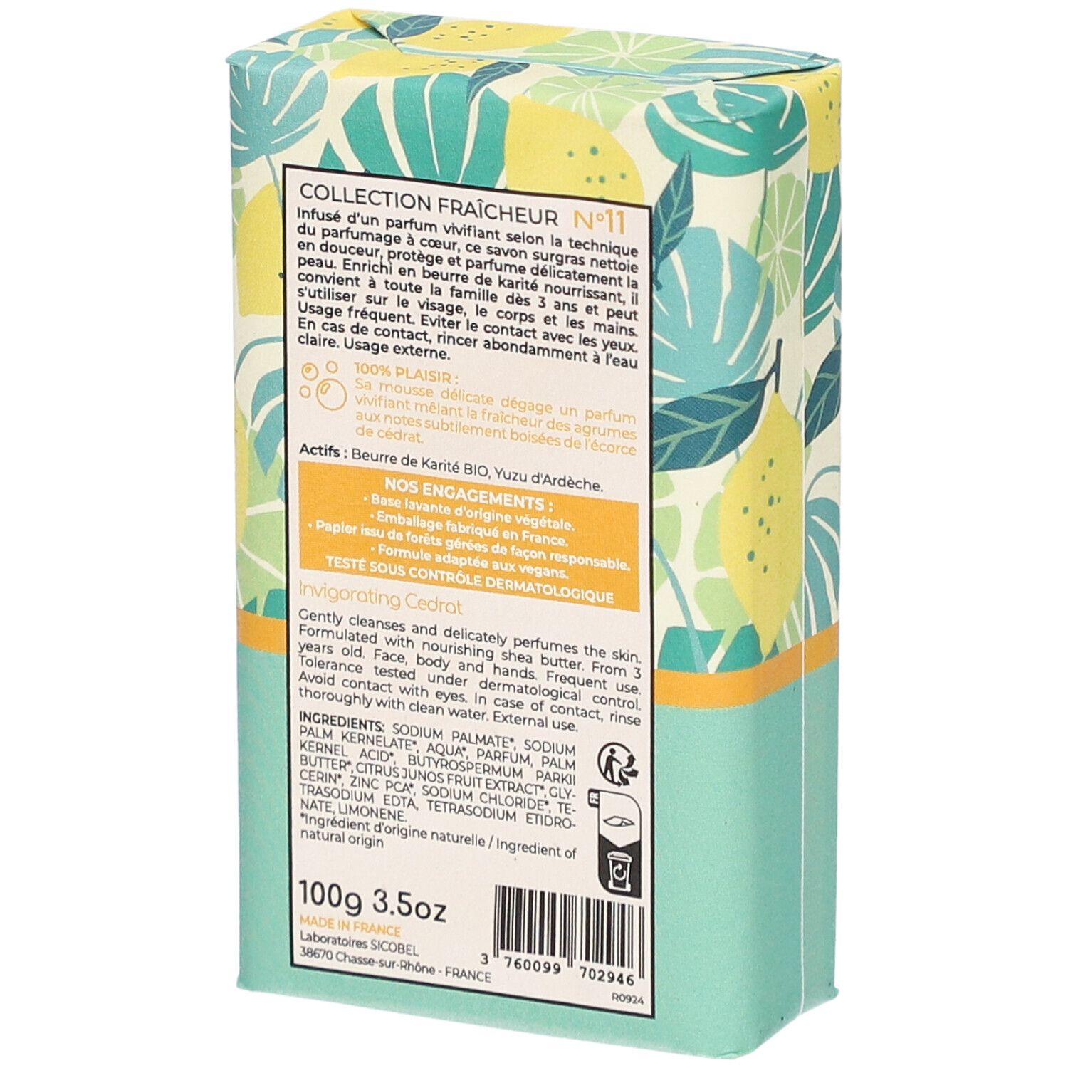 Dos de l'emballage du savon. Texte : ingrédients, 100g, 3.5oz. Marque Osmaé. Nom du produit : Vivifiant Cédrat. Texte : Collection Fraîcheur.