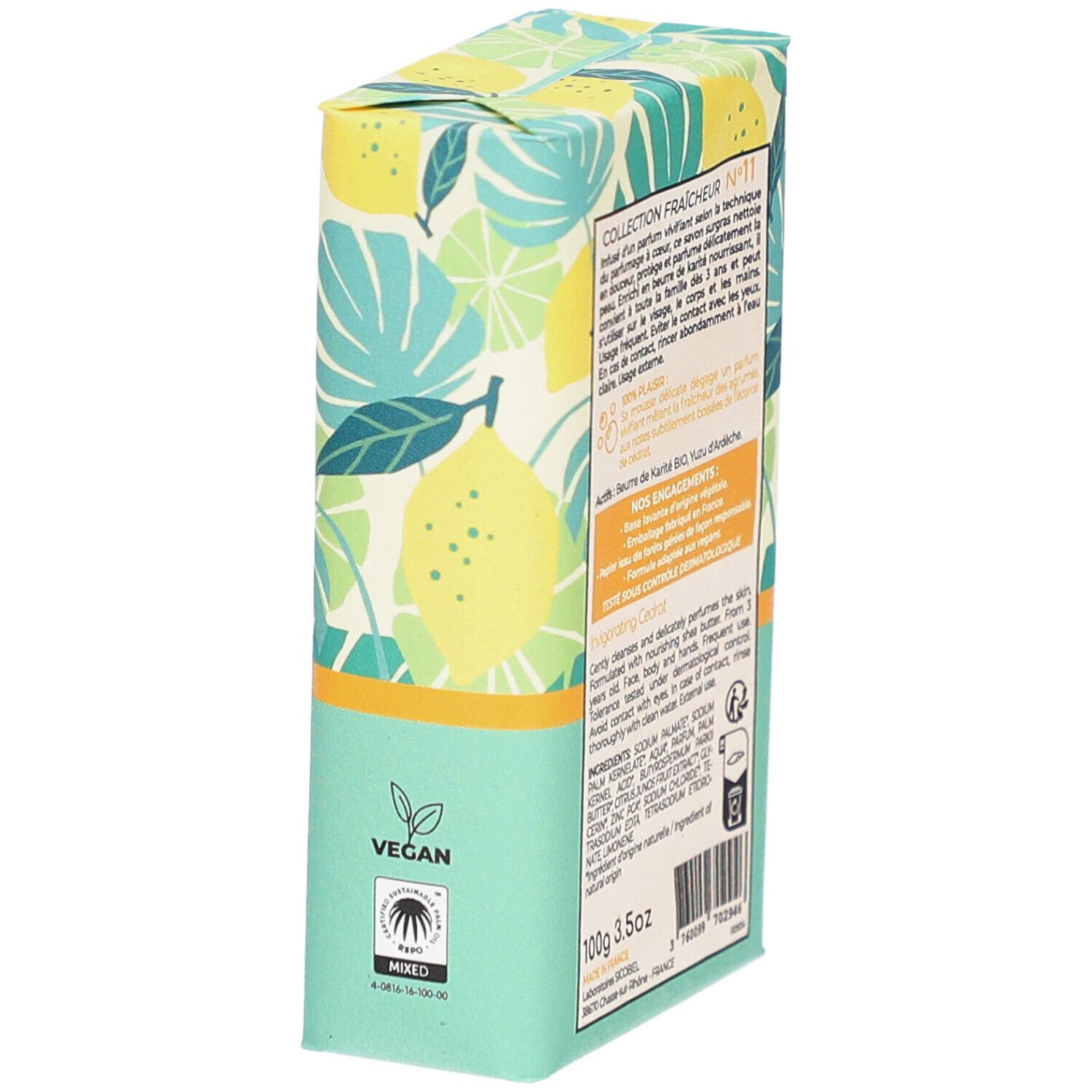 Emballage de savon, en biais de dos. Texte : ingrédients, 100g, 3.5oz. Marque Osmaé. Nom du produit : Vivifiant Cédrat. Texte : Collection Fraîcheur.