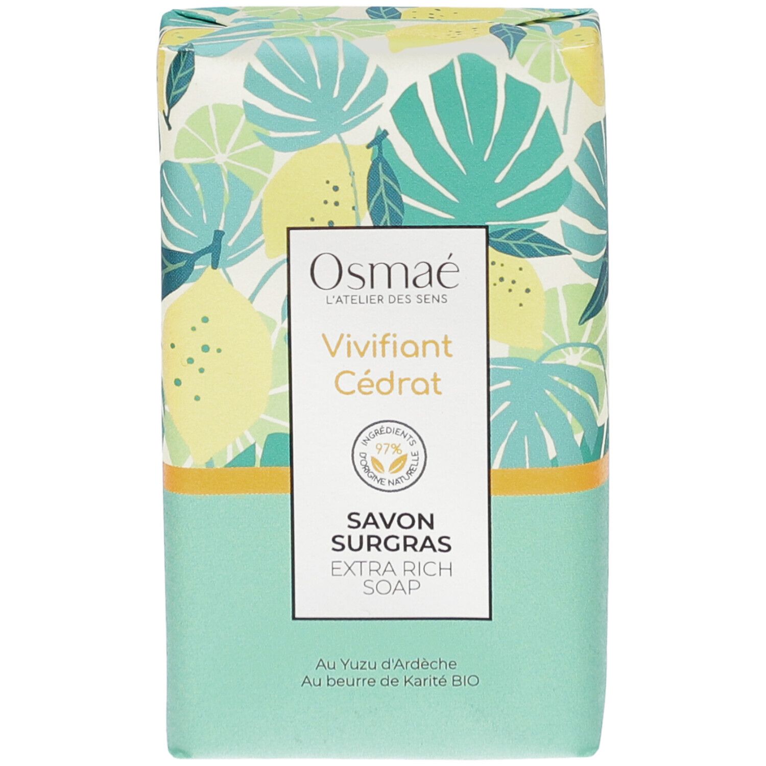 Emballage de savon rectangulaire avec motif floral. Marque : Osmaé. Nom du produit : Vivifiant Cédrat. Texte : Savon Surgras, Extra Rich Soap.