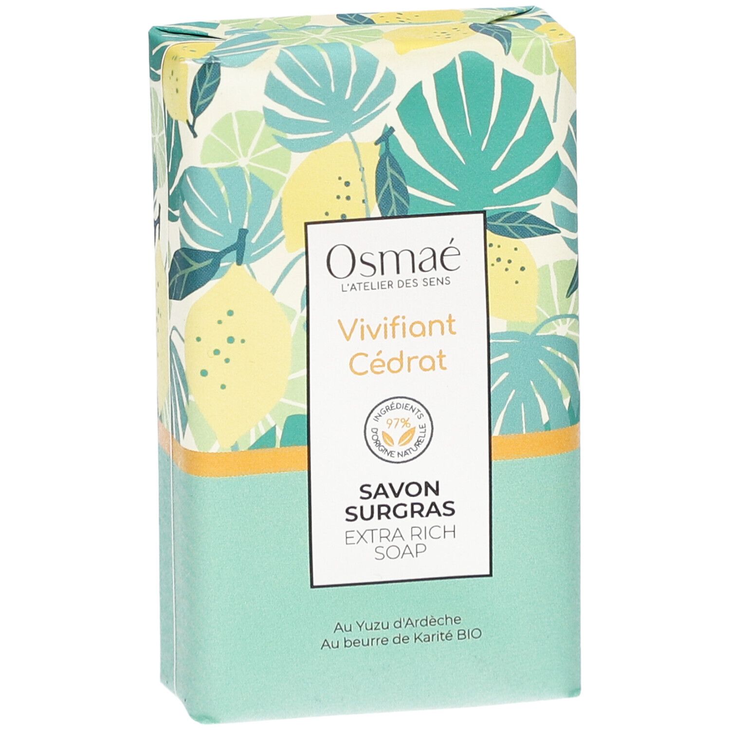 Emballage de savon, en biais. Marque : Osmaé. Nom du produit : Vivifiant Cédrat. Texte : Savon Surgras, Extra Rich Soap. Motif floral.