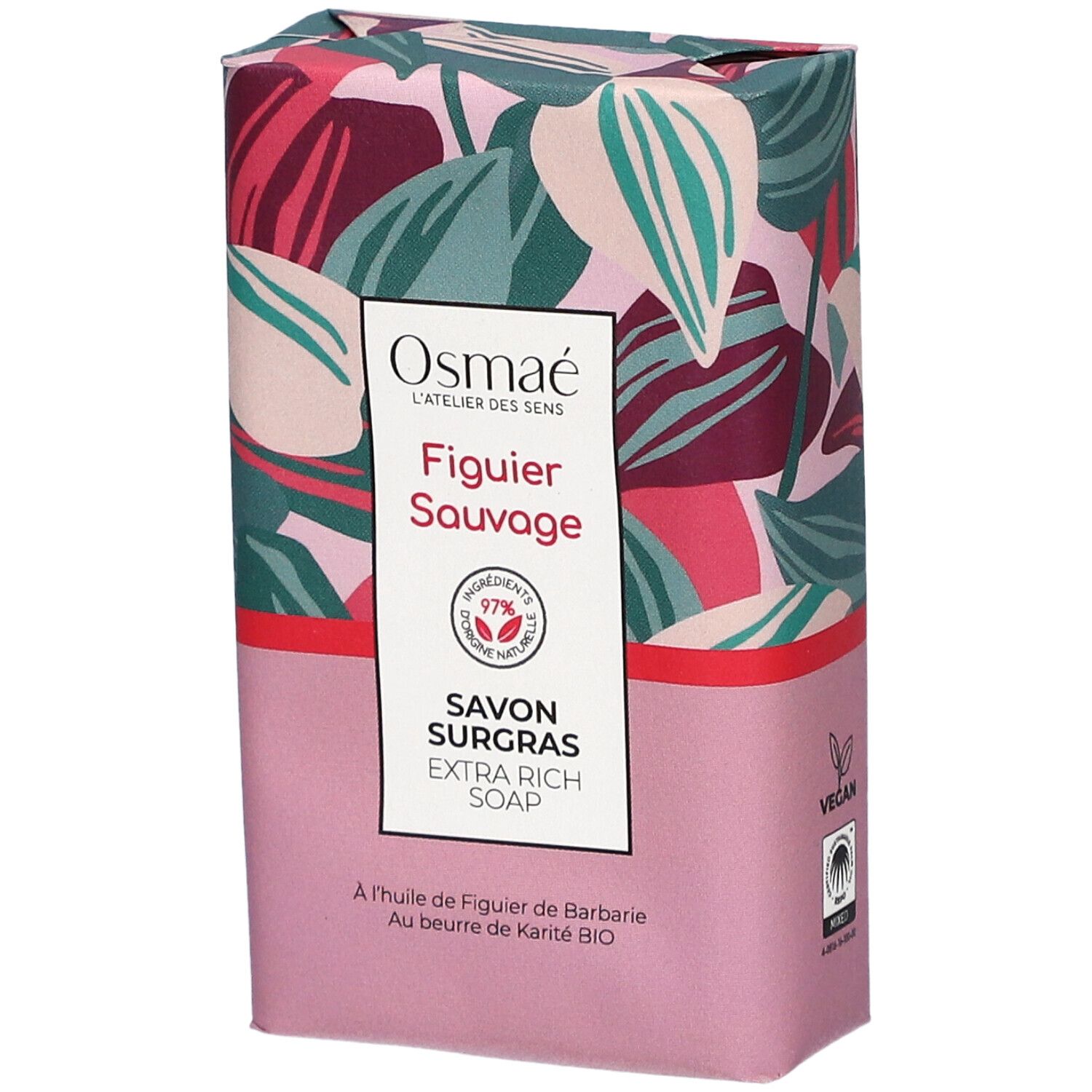 Emballage avec motif floral. Inscriptions: Osmaé, Figuier Sauvage, Savon Surgras, Extra Rich Soap. Label végan.