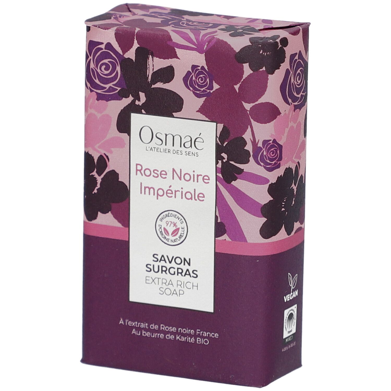 Emballage avec motif floral. Inscription: Rose Noire Impériale, Savon Surgras. Label Vegan.