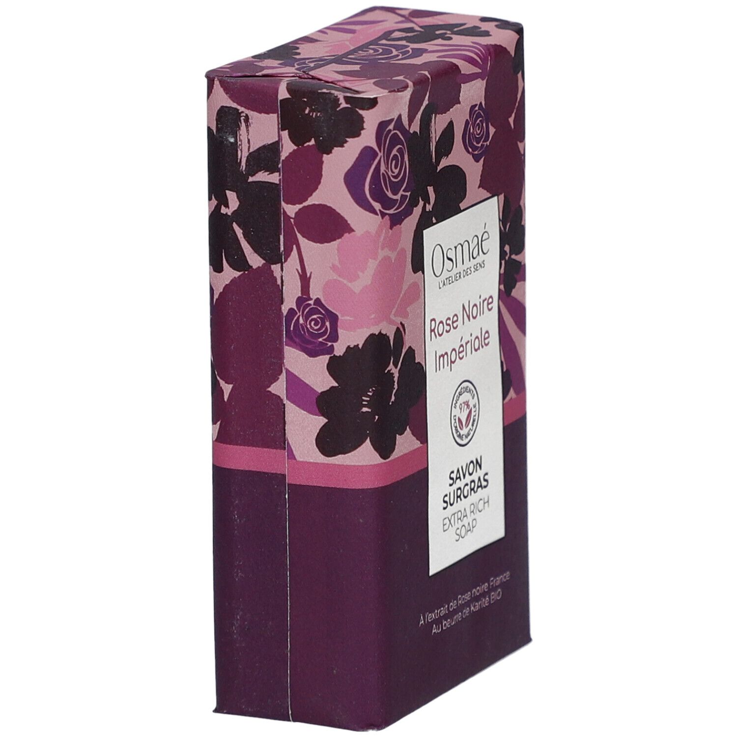Emballage avec motif floral. Inscription: Rose Noire Impériale, Savon Surgras. Label Vegan.
