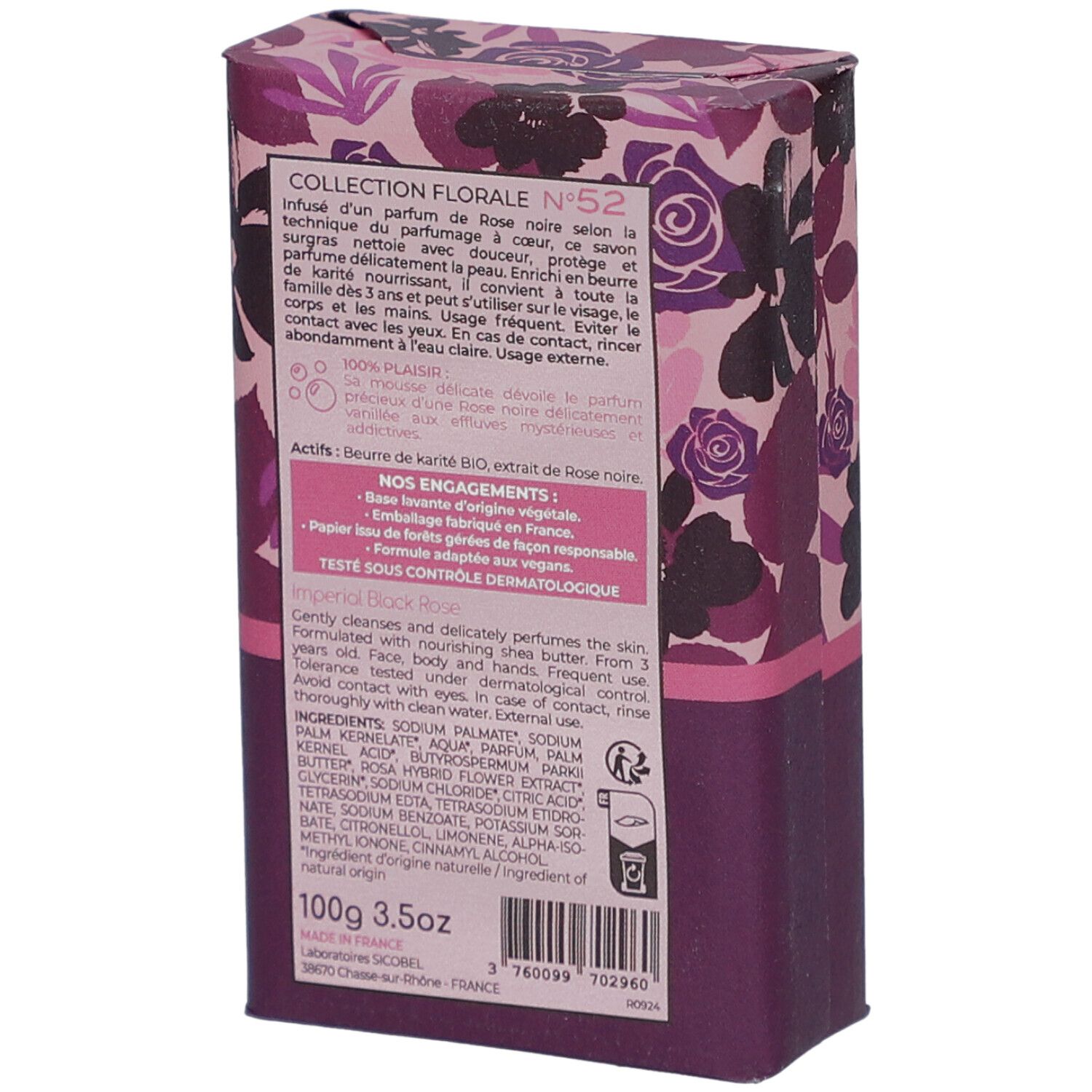 Emballage avec motif floral. Ingrédients, 100g 3.5oz. Texte et logos au dos.