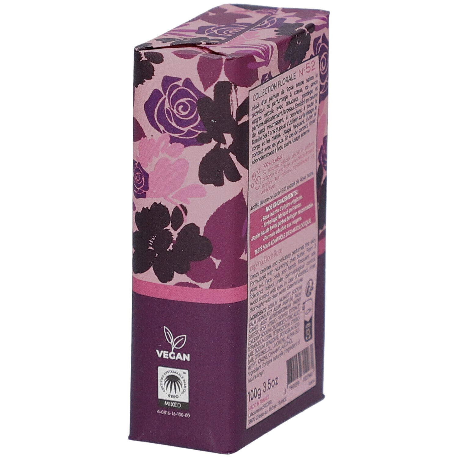 Emballage avec motif floral. Inscription: Vegan. Texte et logos au dos.