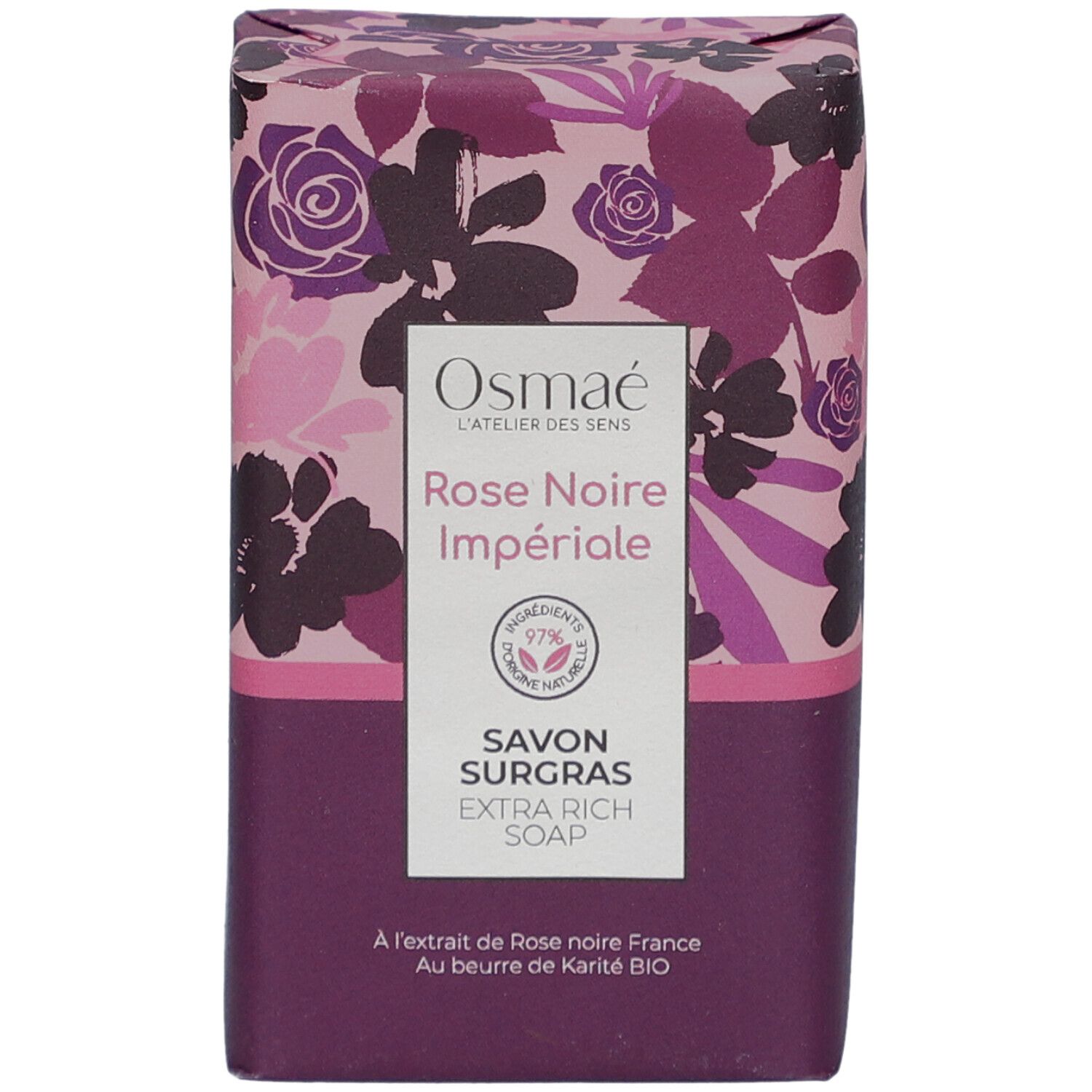 Emballage avec motif floral. Inscription: Rose Noire Impériale, Savon Surgras. Label Vegan.