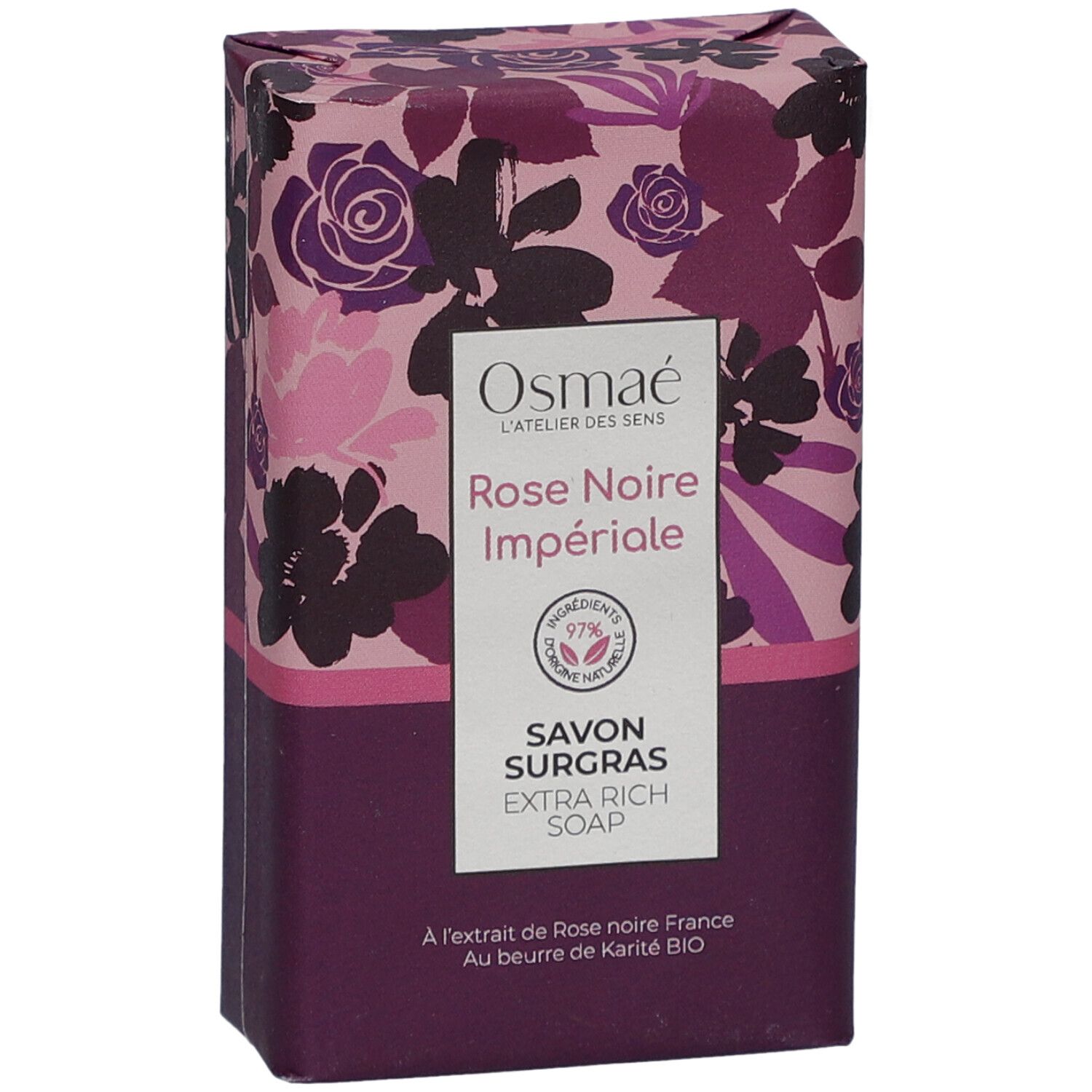 Emballage avec motif floral. Inscription: Rose Noire Impériale, Savon Surgras. Label Vegan.
