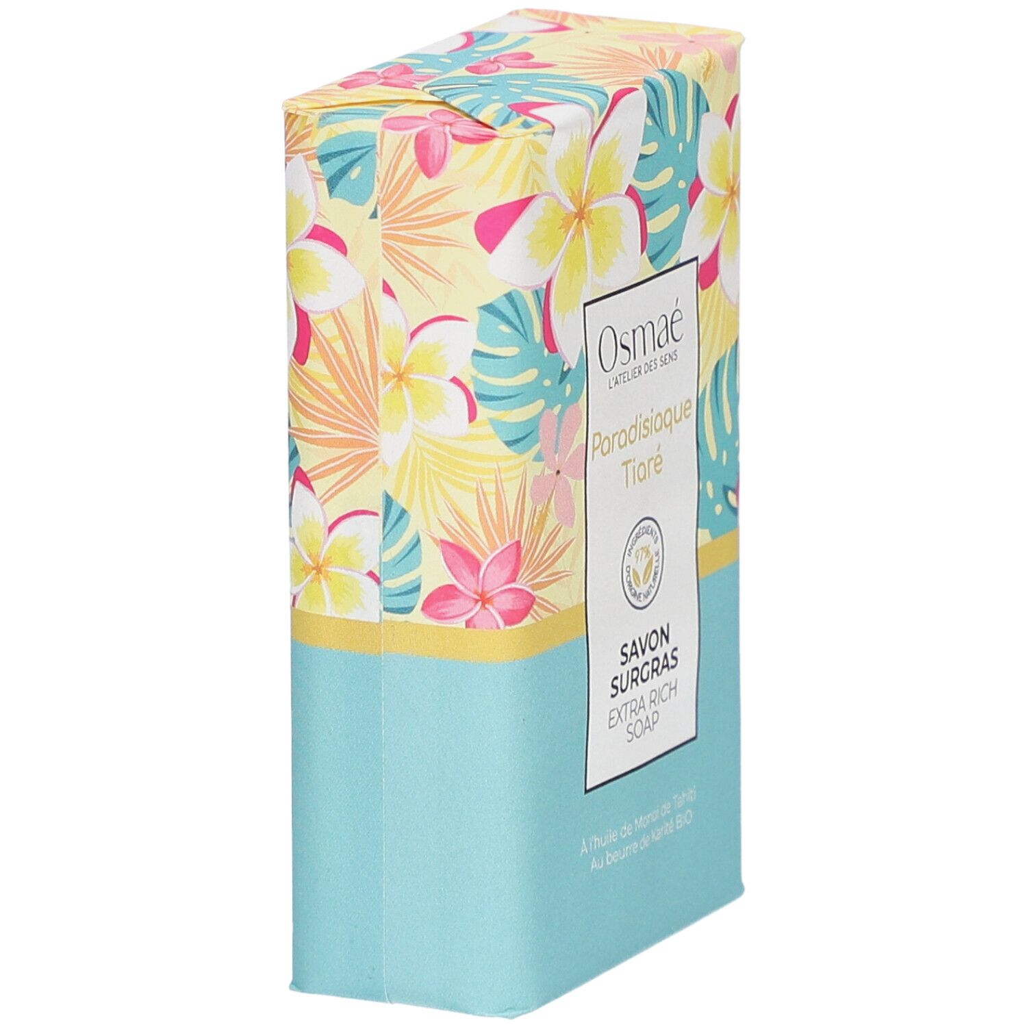 Emballage floral. Inscriptions: Osmaé, Paradisiaque Tiaré, Savon Surgras. Label Vegan.