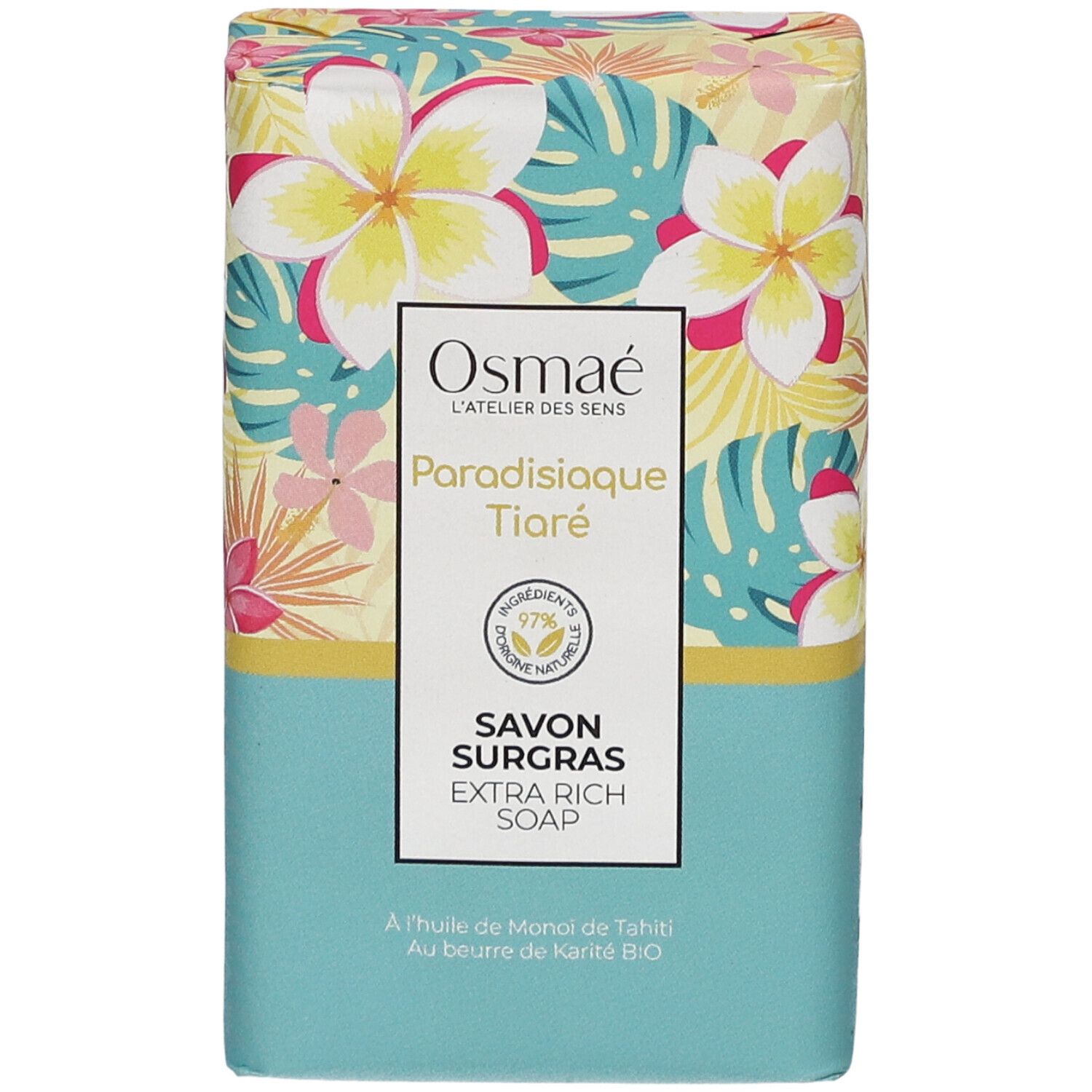 Emballage floral. Inscriptions: Osmaé, Paradisiaque Tiaré, Savon Surgras. Label Vegan.