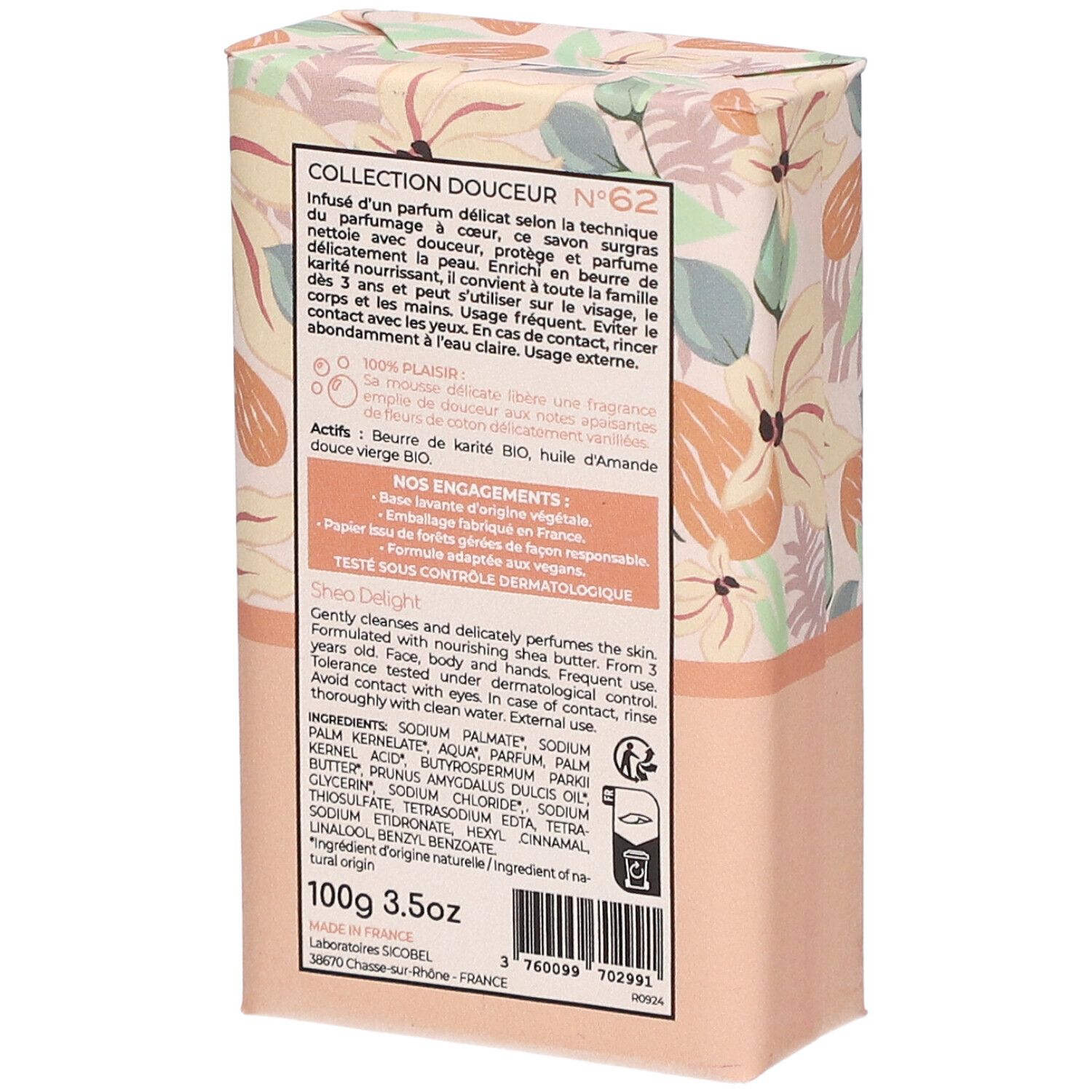Dos de l'emballage du savon. Ingrédients, 100g, 3.5oz, logo Vegan. Motif floral. Texte en français et anglais.