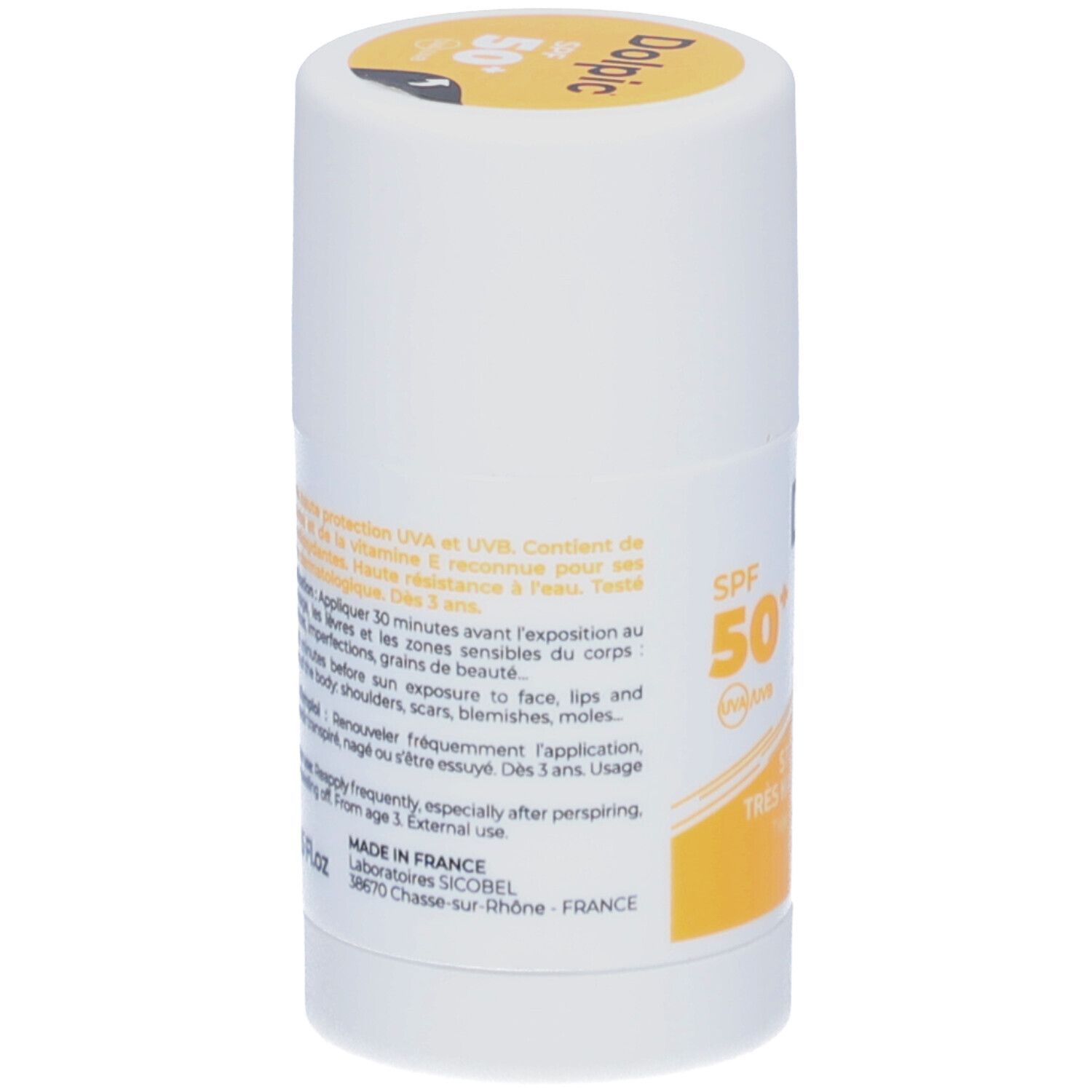 Stick blanc avec texte. Inscription: SPF 50+. Texte sur protection UVA/UVB, vitamine E, utilisation, durée, ingrédients.