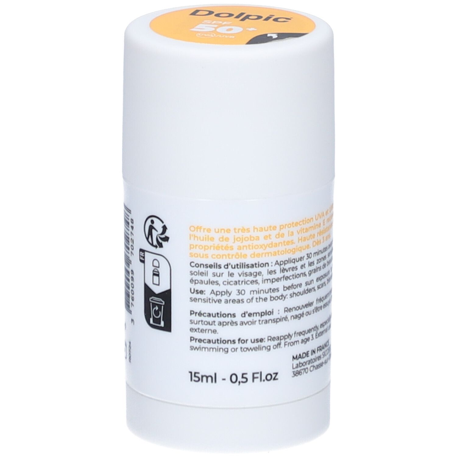 Stick blanc avec texte et symboles. Inscription: SPF 50+. Texte sur utilisation, précautions, ingrédients, volume.