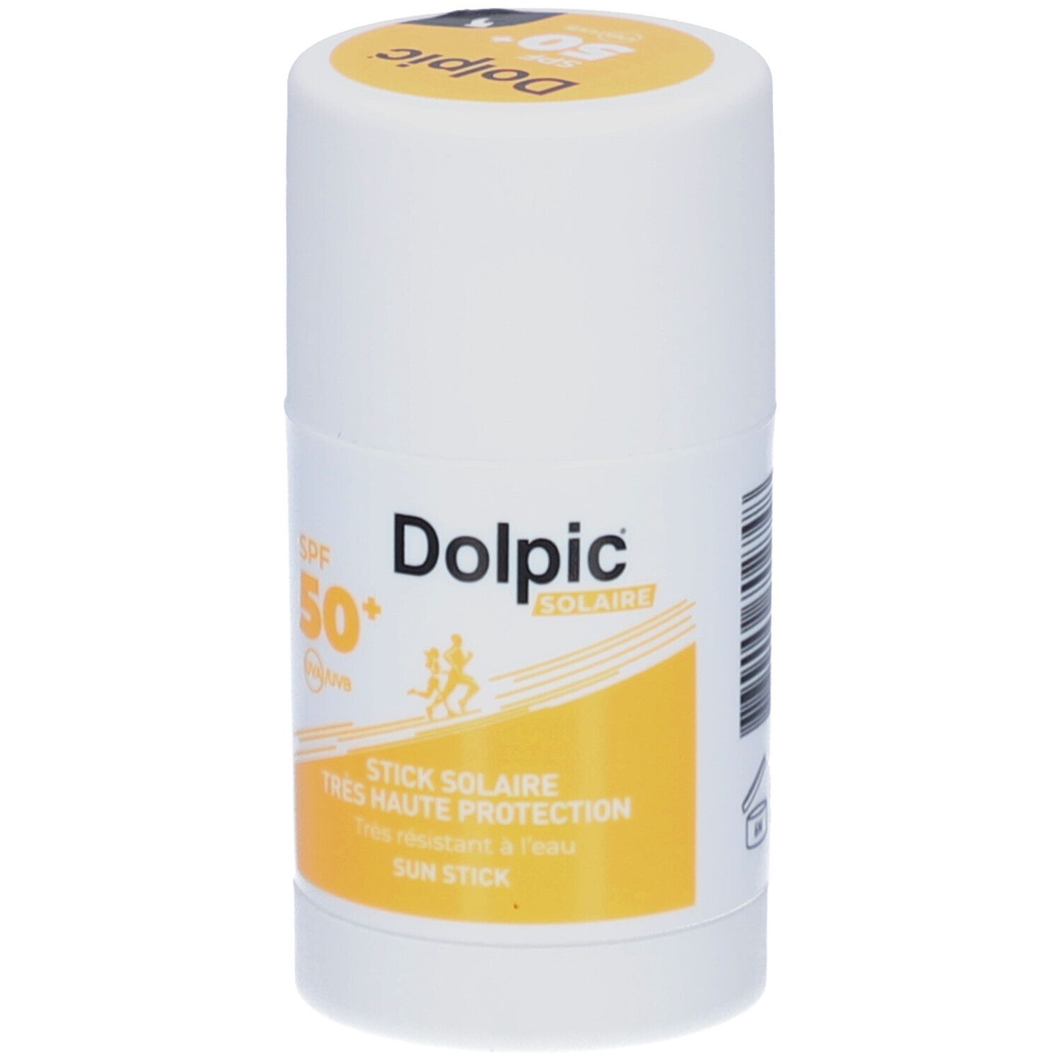 Stick blanc avec détails jaunes. Inscriptions: Dolpic Solaire, SPF 50+, Sun Stick. Deux personnages courant.
