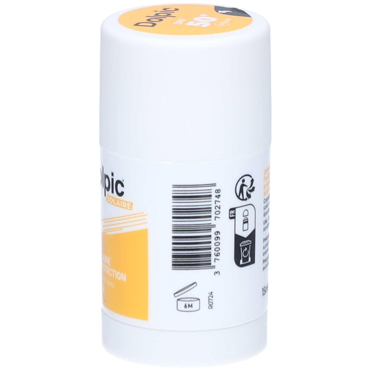 Stick blanc avec détails jaunes. Inscriptions: Dolpic Solaire, SPF 50+. Code-barres et symboles. Volume: 15ml.