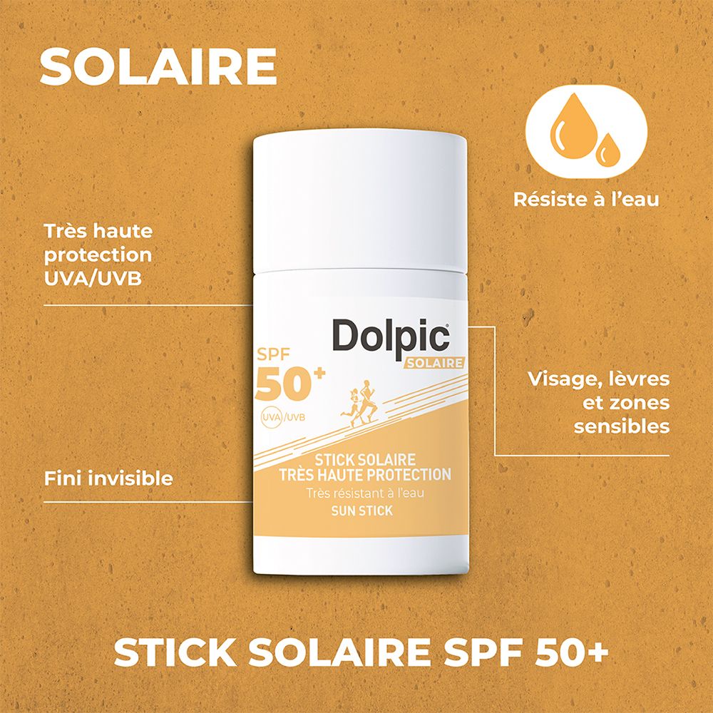 Stick solaire avec accents jaunes. Inscription : SPF 50+, Dolpic, Sun Stick. Résistant à l'eau, visage et lèvres.