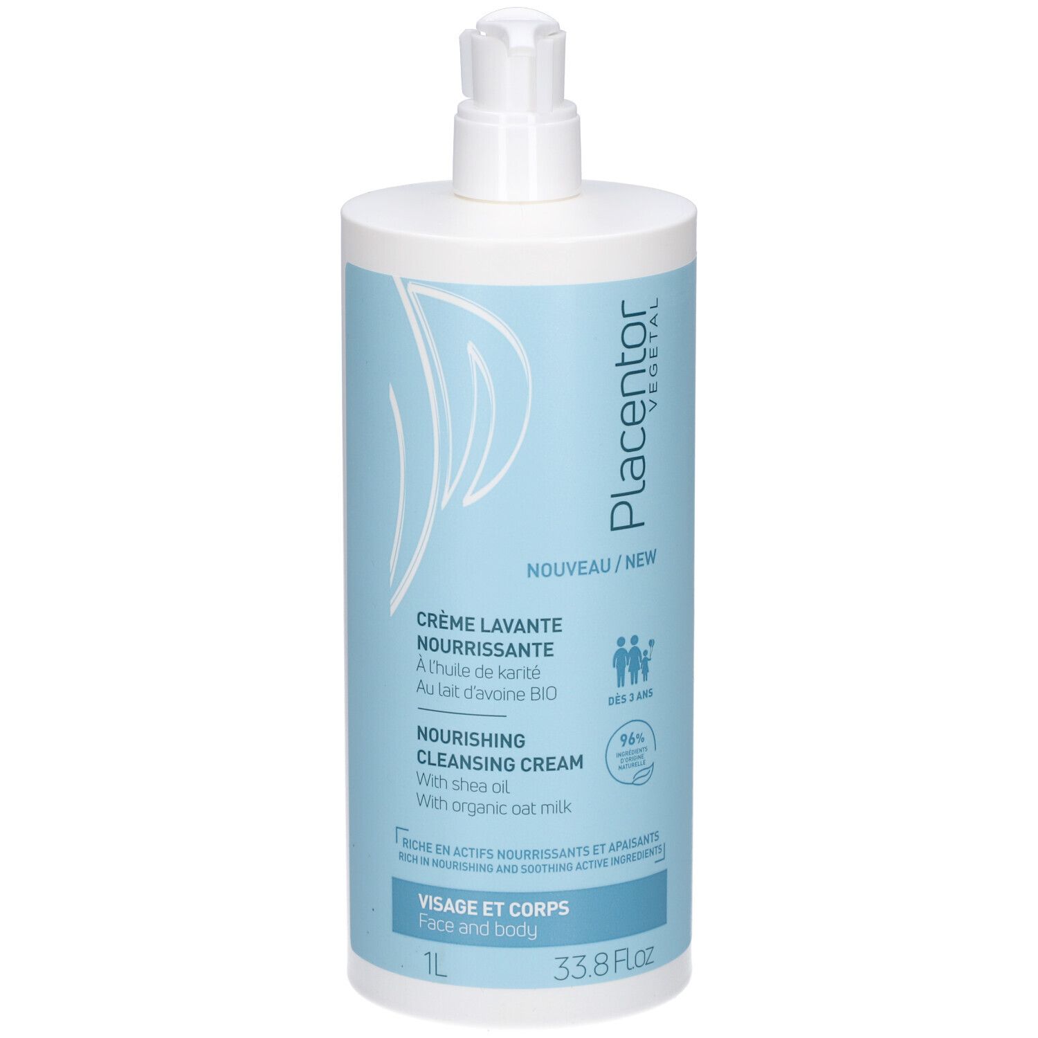 Flacon PLACENTOR CR LAVANTE 1L avec pompe. Emballage bleu clair et blanc. Texte: Crème Lavante Nourrissante, 1L, 33.8 Fl.oz.