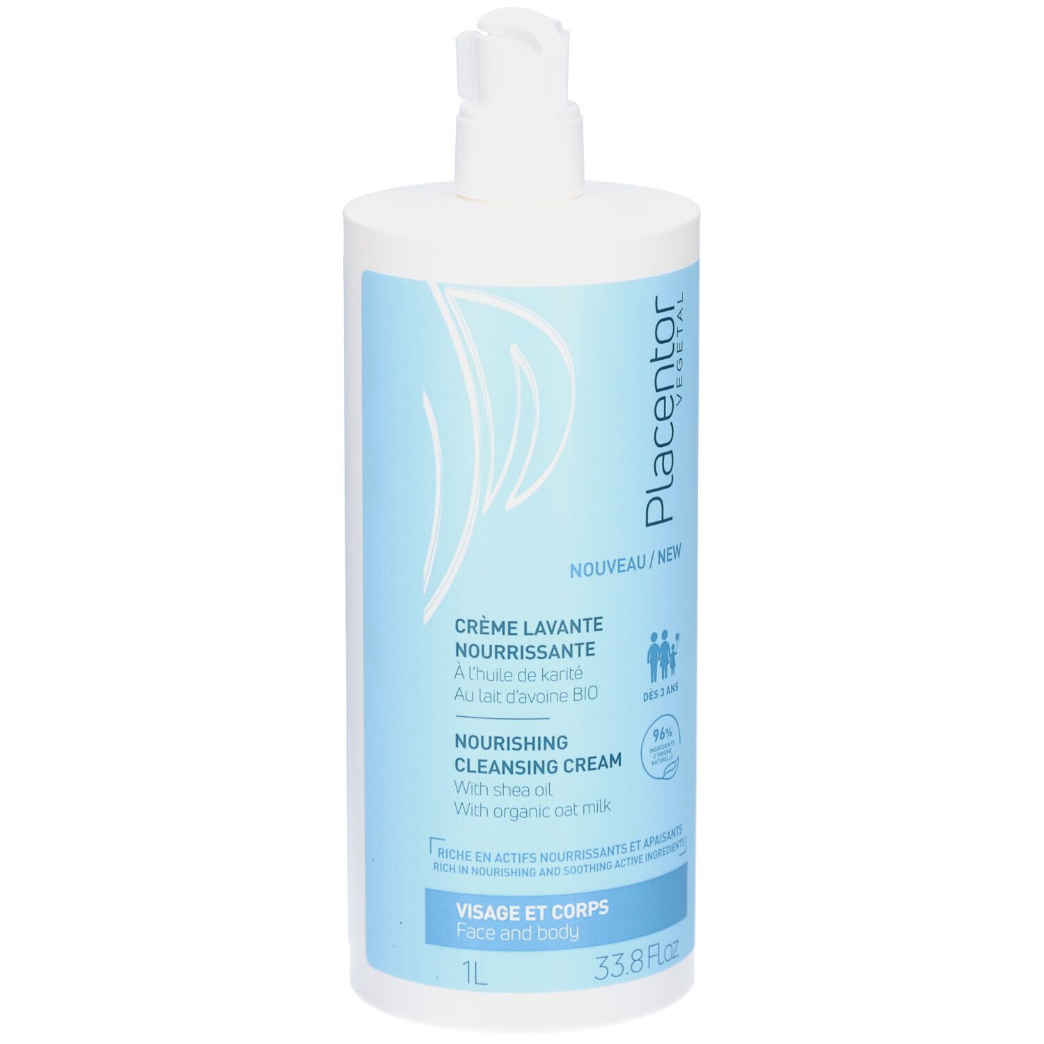 Flacon PLACENTOR CR LAVANTE 1L avec pompe. Emballage bleu clair et blanc. Texte: Crème Lavante Nourrissante, 1L, 33.8 Fl.oz.