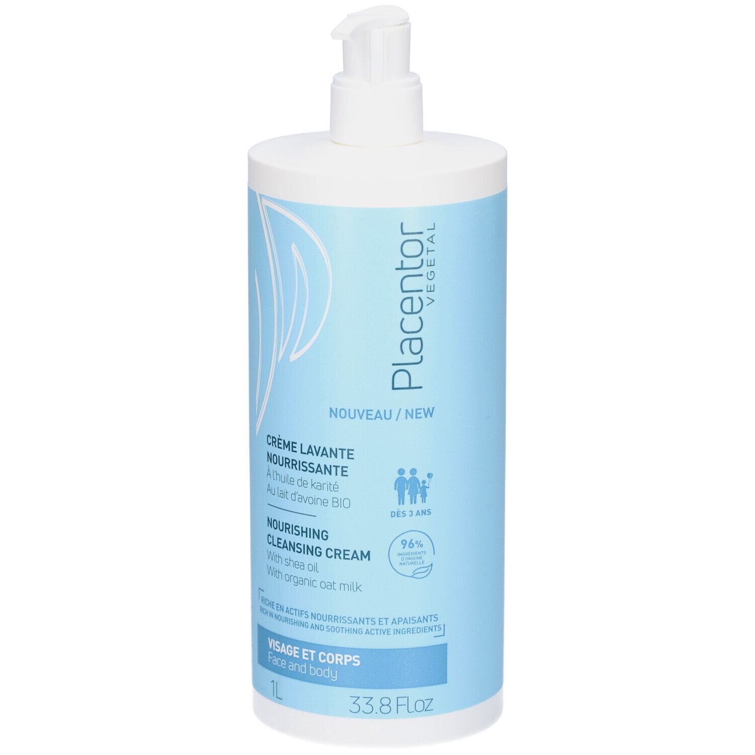 Flacon PLACENTOR CR LAVANTE 1L avec pompe. Emballage bleu clair et blanc. Texte: Crème Lavante Nourrissante, 1L, 33.8 Fl.oz.