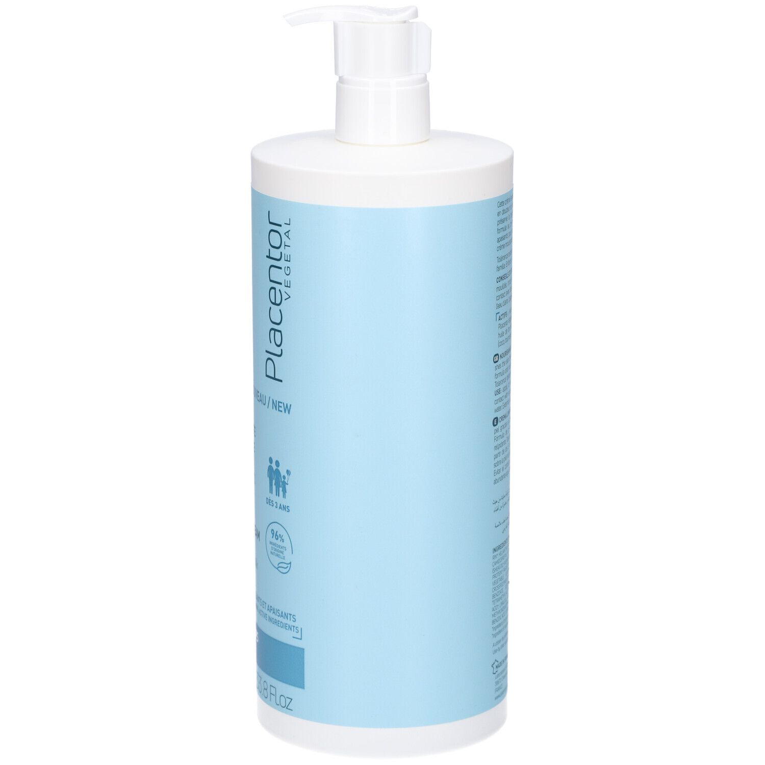 Flacon PLACENTOR CR LAVANTE 1L avec pompe. Emballage bleu clair et blanc. Texte: Crème Lavante Nourrissante, 1L, 33.8 Fl.oz.