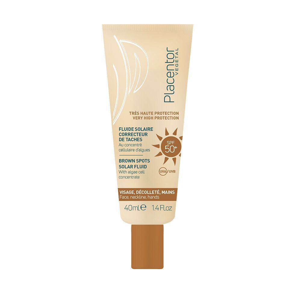 Tube beige avec bouchon marron. Texte: Fluide Solaire Correcteur de Tâches SPF50+. Marque: Placentor Végétal. 40ml.
